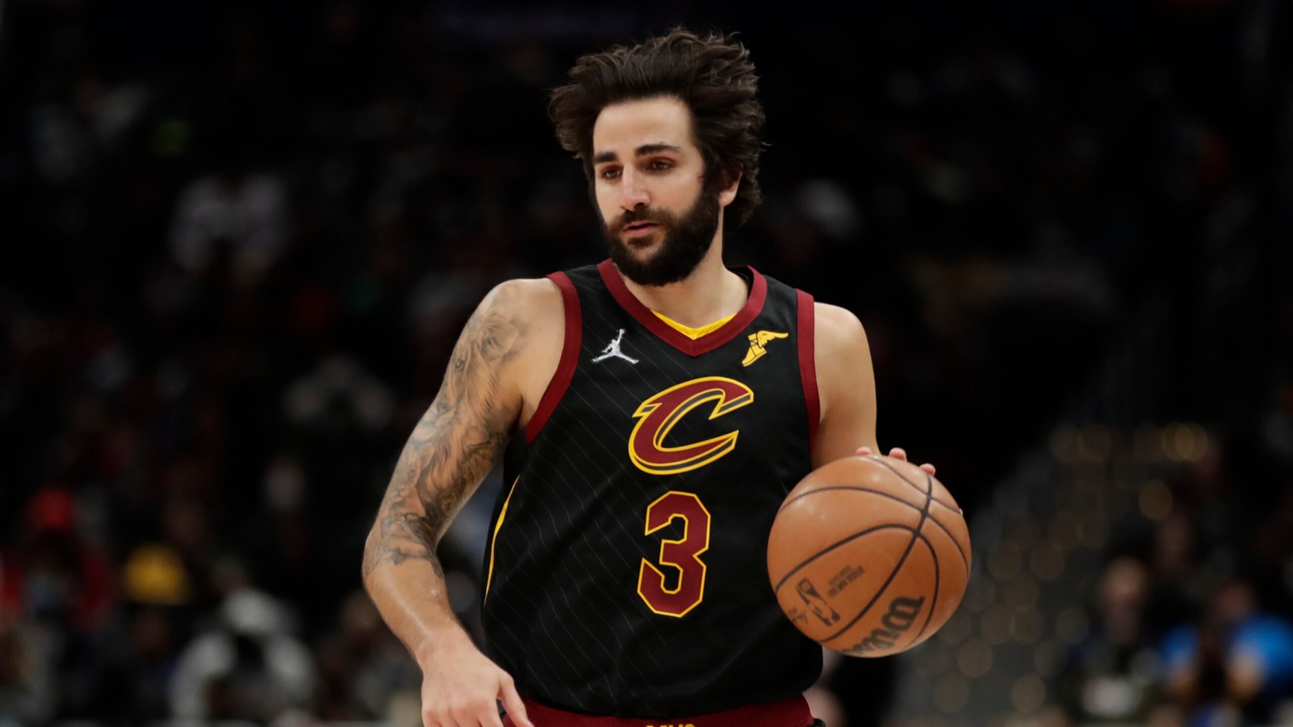 Cleveland Cavaliers' Ricky Rubio moves the ball during the second half of an NBA basketball game against the Washington Wizards, Friday, Dec. 3, 2021, in Washington.(AP Photo/Luis M. Alvarez)
