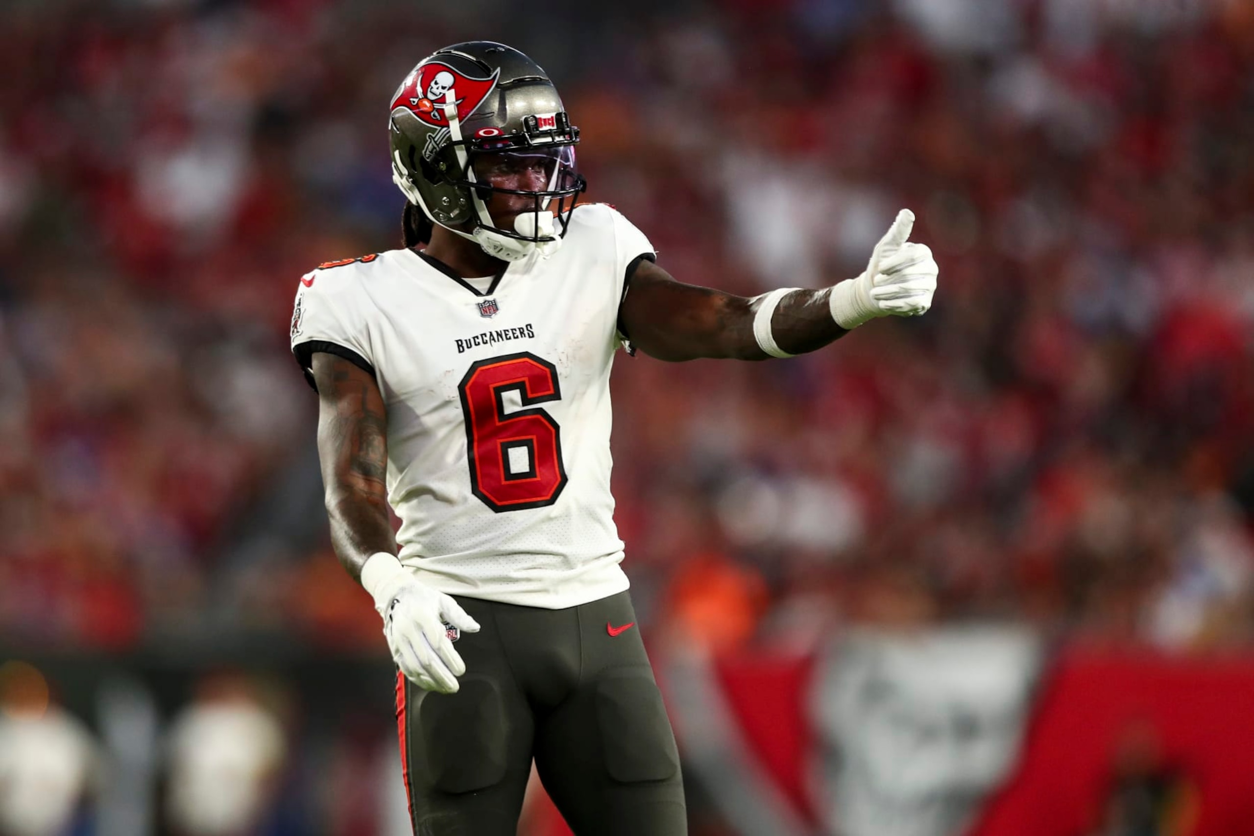 TAMPA, FL - NOVEMBER 6: Julio Jones #6 of the Tampa Bay Buccaneers lines up before a play during an NFL football game against the Los Angeles Rams at Raymond James Stadium on November 6, 2022 in Tampa, Florida. (Photo by Kevin Sabitus/Getty Images)