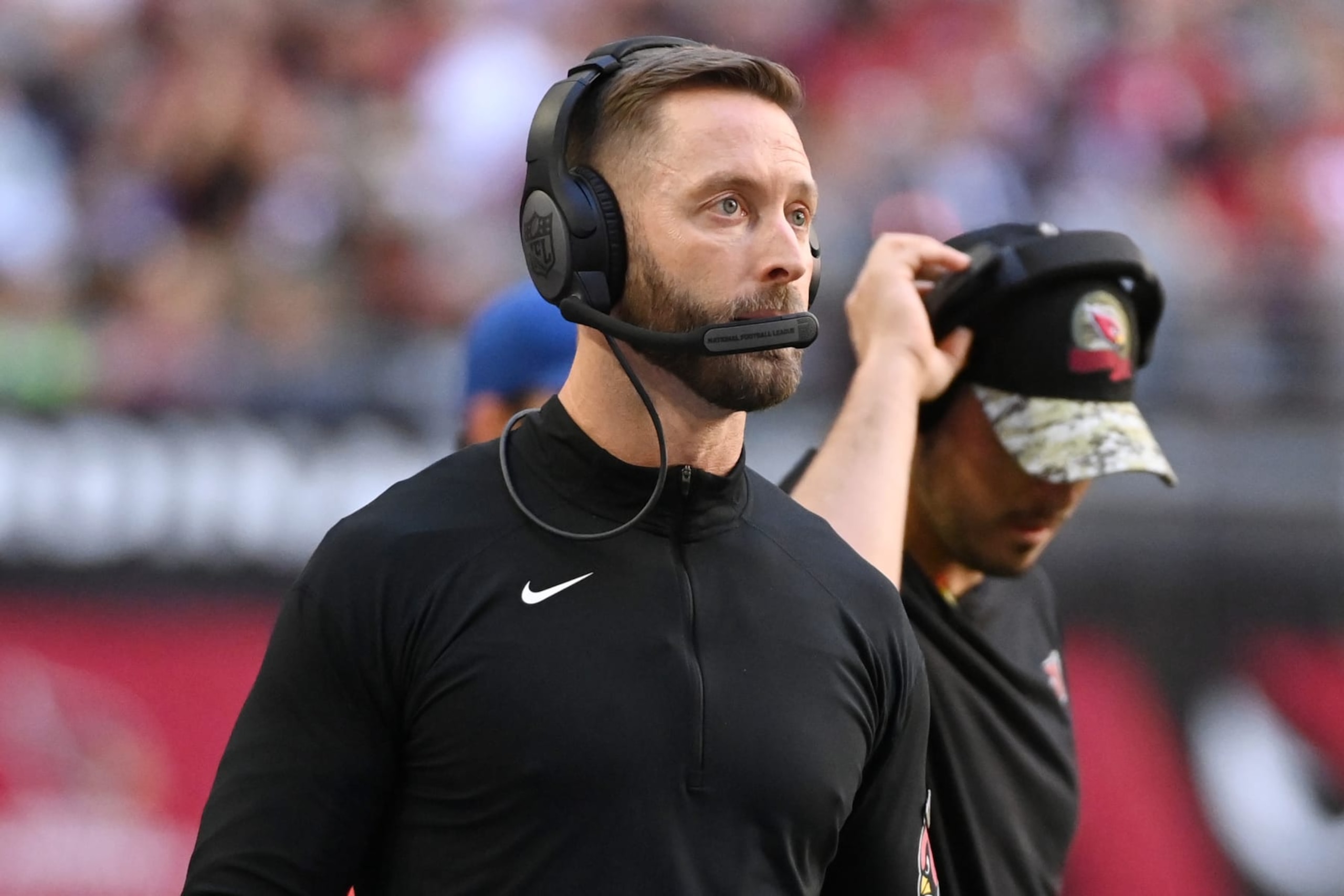 GLENDALE, ARIZONA - NOVEMBER 06: Head coach Kliff Kingsbury of the Arizona Cardinals looks on during the second quarter of the game against the Seattle Seahawks at State Farm Stadium on November 06, 2022 in Glendale, Arizona. (Photo by Norm Hall/Getty Images)