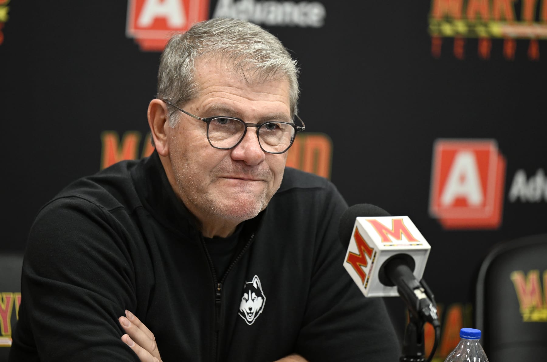 COLLEGE PARK, MARYLAND - DECEMBER 11: Head coach Geno Auriemma of the UConn Huskies talks to the media after the game against the Maryland Terrapins at Xfinity Center on December 11, 2022 in College Park, Maryland. (Photo by G Fiume/Getty Images)