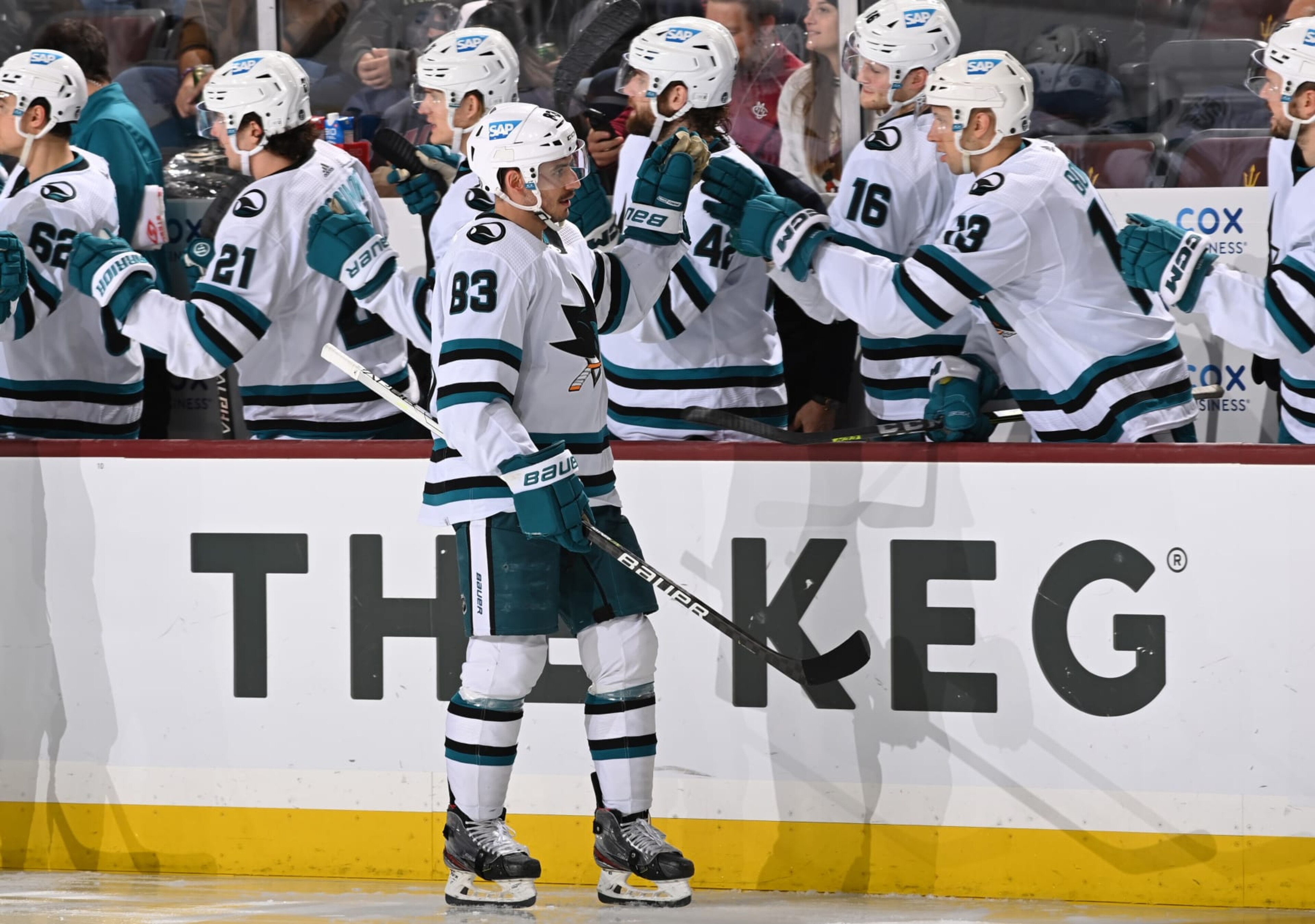 TEMPE, ARIZONA - JANUARY 10: Matt Nieto #83 of the San Jose Sharks celebrates with teammates on the bench after scoring a goal during the third period against the Arizona Coyotes at Mullett Arena on January 10, 2023 in Tempe, Arizona. (Photo by Norm Hall/NHLI via Getty Images) TEMPE, ARIZONA - JANUARY 10: Matt Nieto #83 of the San Jose Sharks celebrates with teammates on the bench after scoring a goal during the third period against the Arizona Coyotes at Mullett Arena on January 10, 2023 in Tempe, Arizona. (Photo by Norm Hall/NHLI via Getty Images)