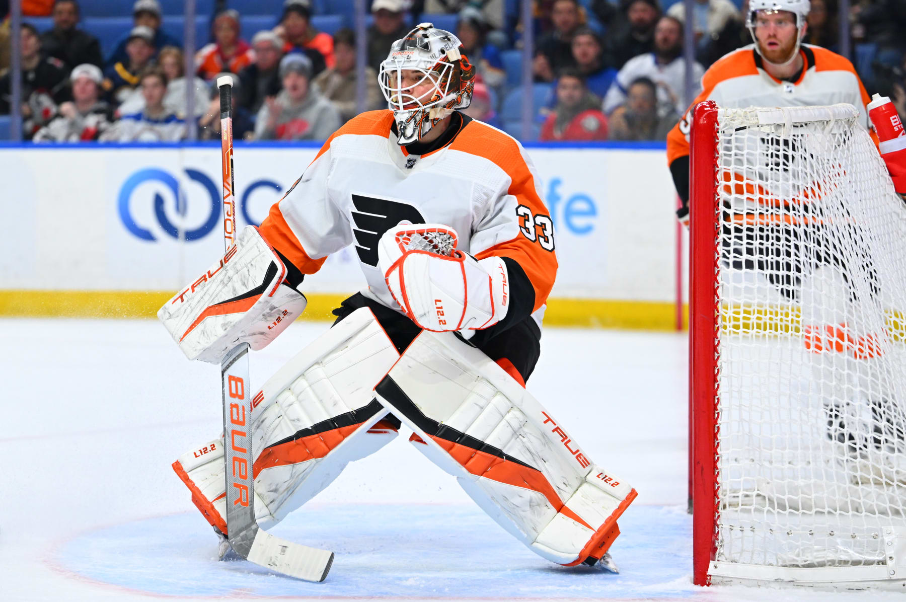 BUFFALO, NY - JANUARY 9: Samuel Ersson #33 of the Philadelphia Flyers tends goal against the Buffalo Sabres during an NHL game on January 9, 2023 at KeyBank Center in Buffalo, New York. (Photo by Joe Hrycych/NHLI via Getty Images)