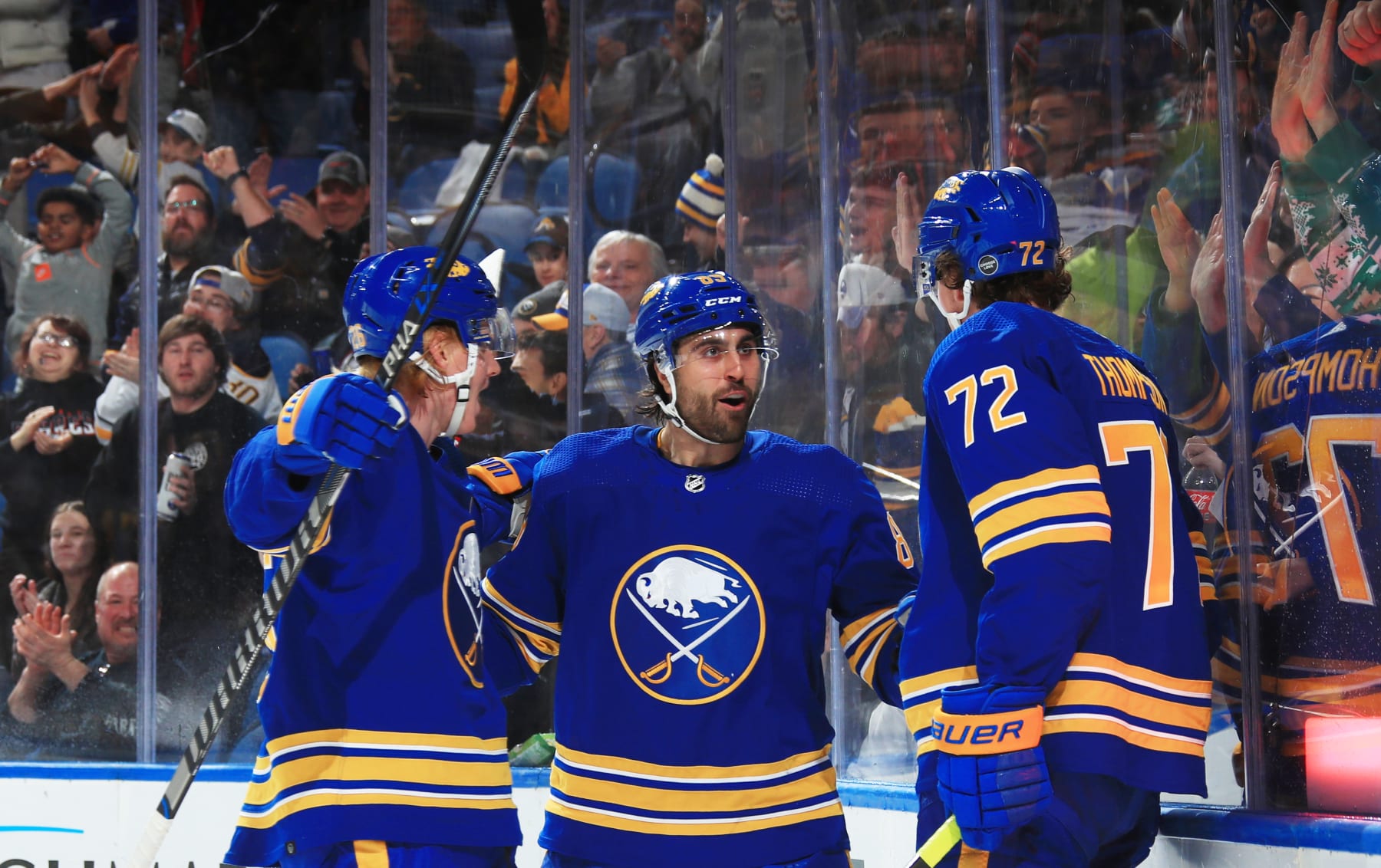 BUFFALO, NY - JANUARY 10: Alex Tuch #89 of the Buffalo Sabres celebrates his first period goal against the Seattle Kraken during an NHL game on January 10, 2023 at KeyBank Center in Buffalo, New York. (Photo by Bill Wippert/NHLI via Getty Images)