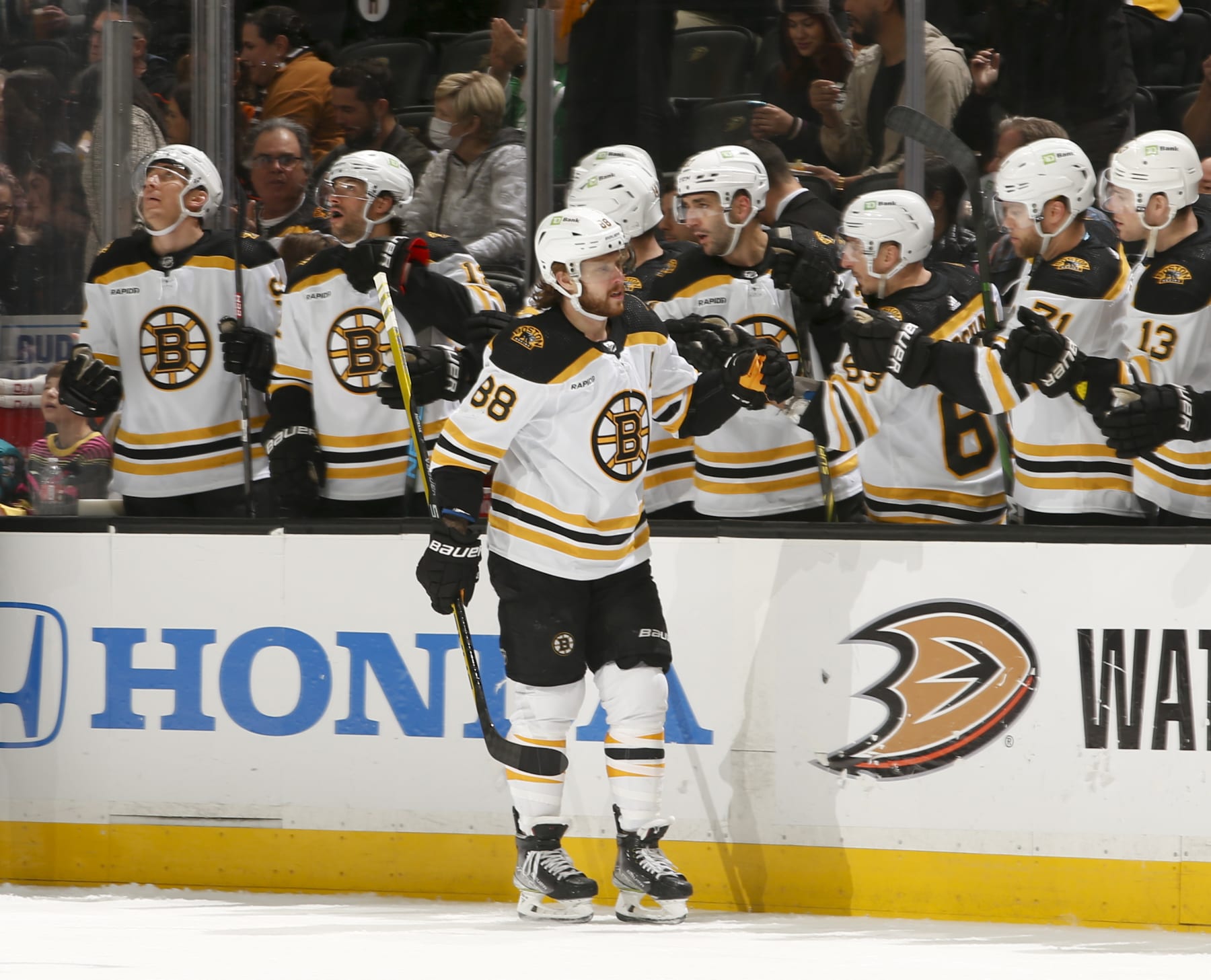 ANAHEIM, CA - JANUARY 8:  David Pastrnak #88 of the Boston Bruins celebrates his goal with teammates during the first period against the Anaheim Ducks at Honda Center on January 8, 2023 in Anaheim, California. (Photo by Debora Robinson/NHLI via Getty Images)