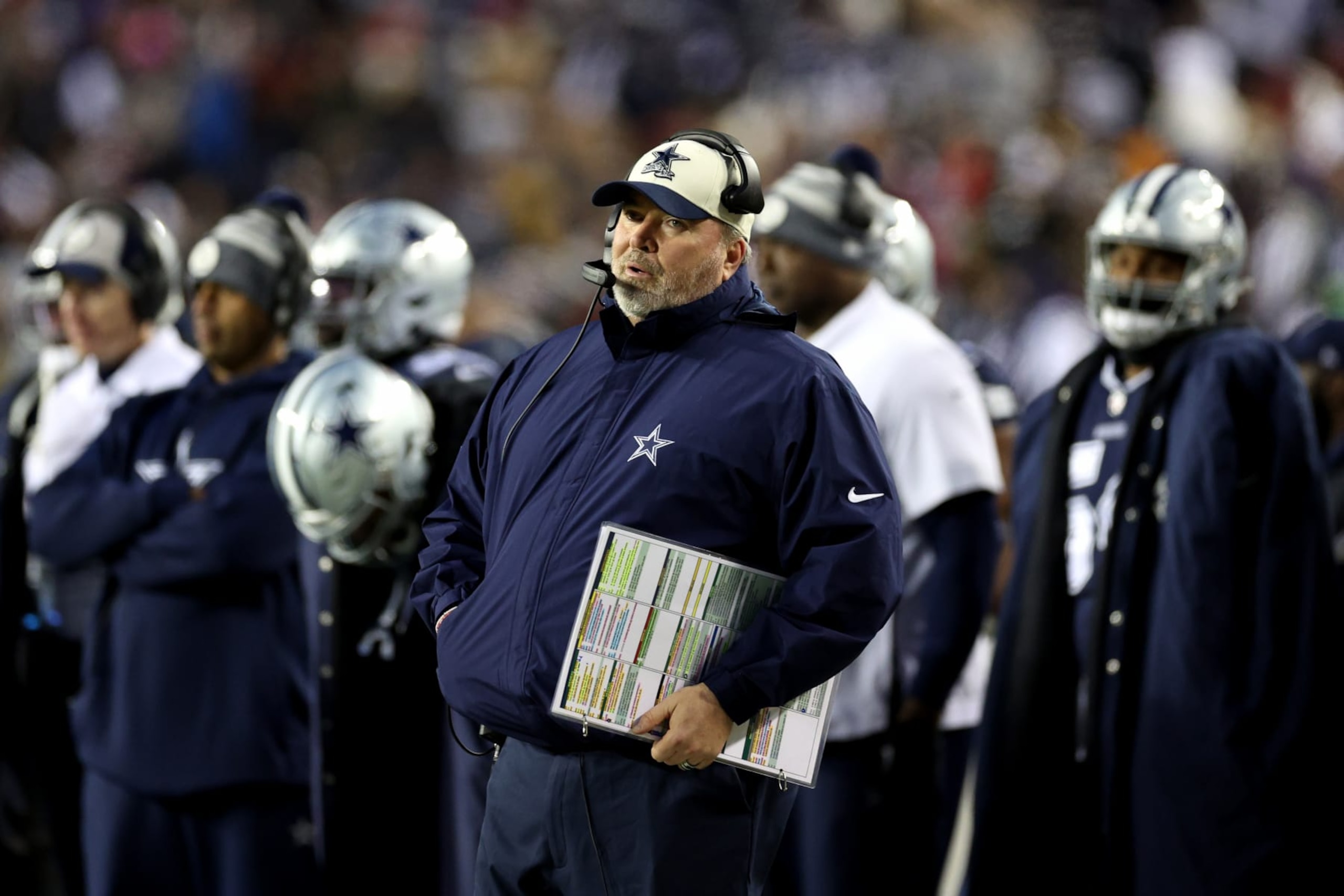 LANDOVER, MARYLAND - JANUARY 08: Head coach Mike McCarthy of the Dallas Cowboys looks on against the Washington Commanders at FedExField on January 08, 2023 in Landover, Maryland. (Photo by Rob Carr/Getty Images)