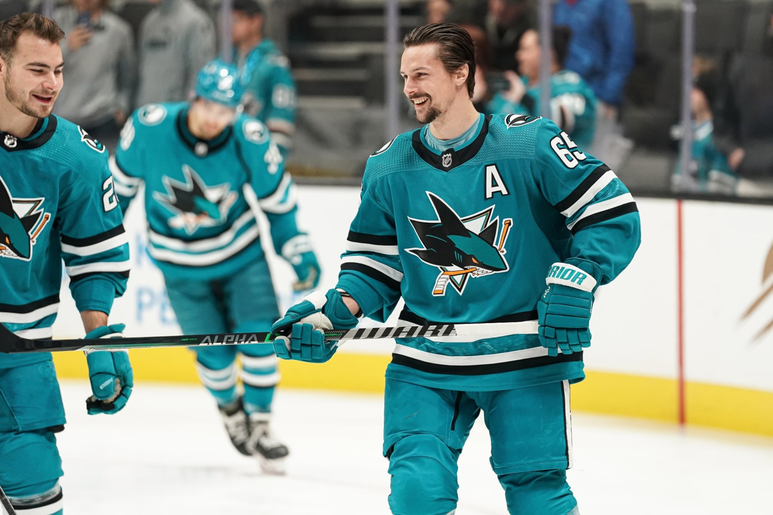 SAN JOSE, CA - DECEMBER 22: Erik Karlsson #65 of the San Jose Sharks skates during warmups before the game against the Minnesota Wild at SAP Center on December 22, 2022 in San Jose, California. (Photo by Kavin Mistry/NHLI via Getty Images) SAN JOSE, CA - DECEMBER 22: Erik Karlsson #65 of the San Jose Sharks skates during warmups before the game against the Minnesota Wild at SAP Center on December 22, 2022 in San Jose, California. (Photo by Kavin Mistry/NHLI via Getty Images)