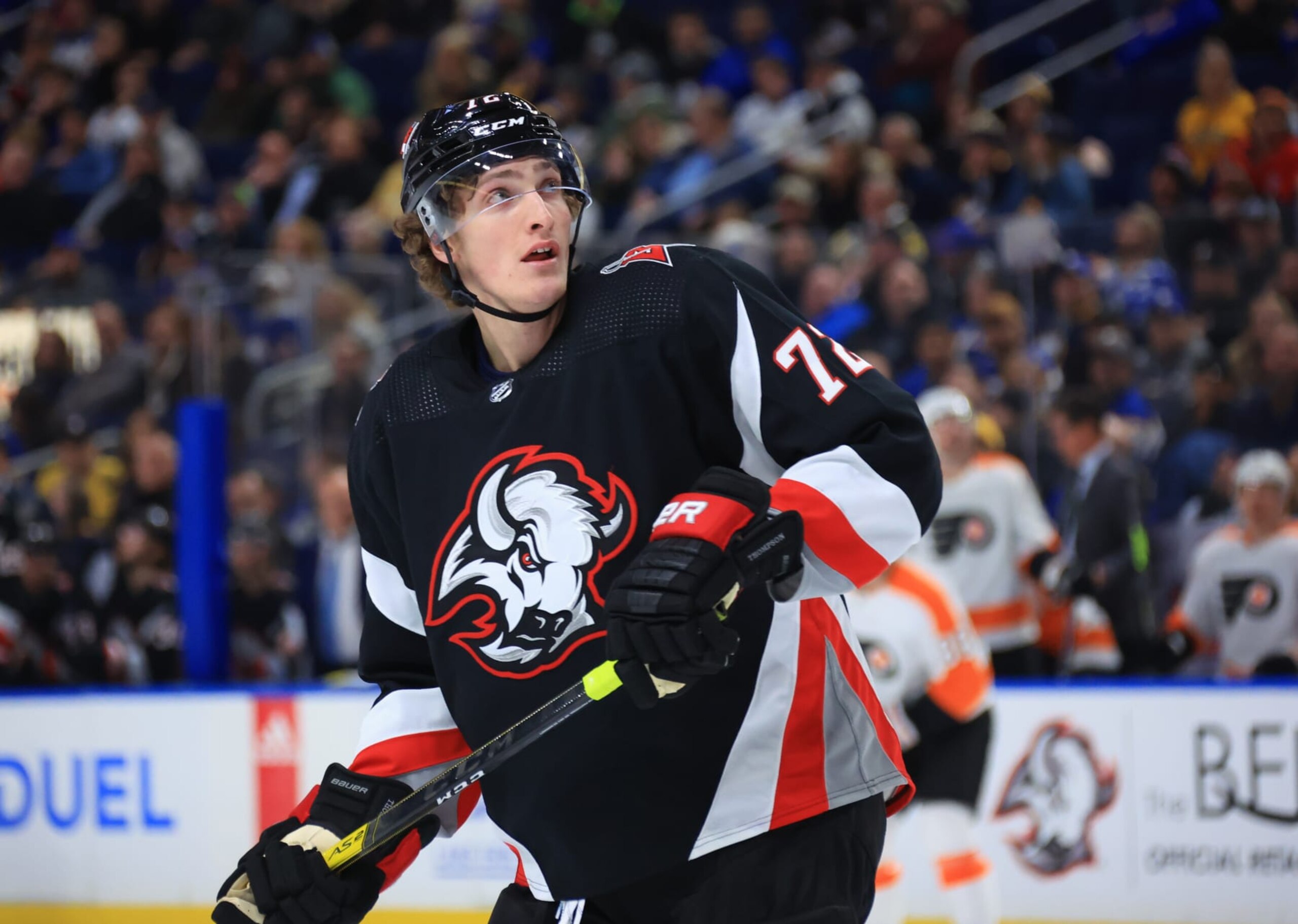 BUFFALO, NY - JANUARY 9: Tage Thompson #72 of the Buffalo Sabres checks the time clock while skating during an NHL game against the Philadelphia Flyers on January 9, 2023 at KeyBank Center in Buffalo, New York. (Photo by Bill Wippert/NHLI via Getty Images) BUFFALO, NY - JANUARY 9: Tage Thompson #72 of the Buffalo Sabres checks the time clock while skating during an NHL game against the Philadelphia Flyers on January 9, 2023 at KeyBank Center in Buffalo, New York. (Photo by Bill Wippert/NHLI via Getty Images)