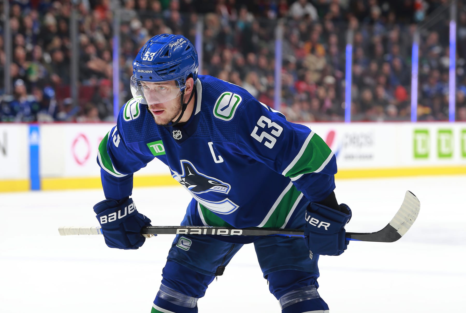 VANCOUVER, CANADA - JANUARY 3: Bo Horvat #53 of the Vancouver Canucks lines up for a face-off during their NHL game against the New York Islanders at Rogers Arena January 3, 2023 in Vancouver, British Columbia, Canada.  (Photo by Jeff Vinnick/NHLI via Getty Images)
