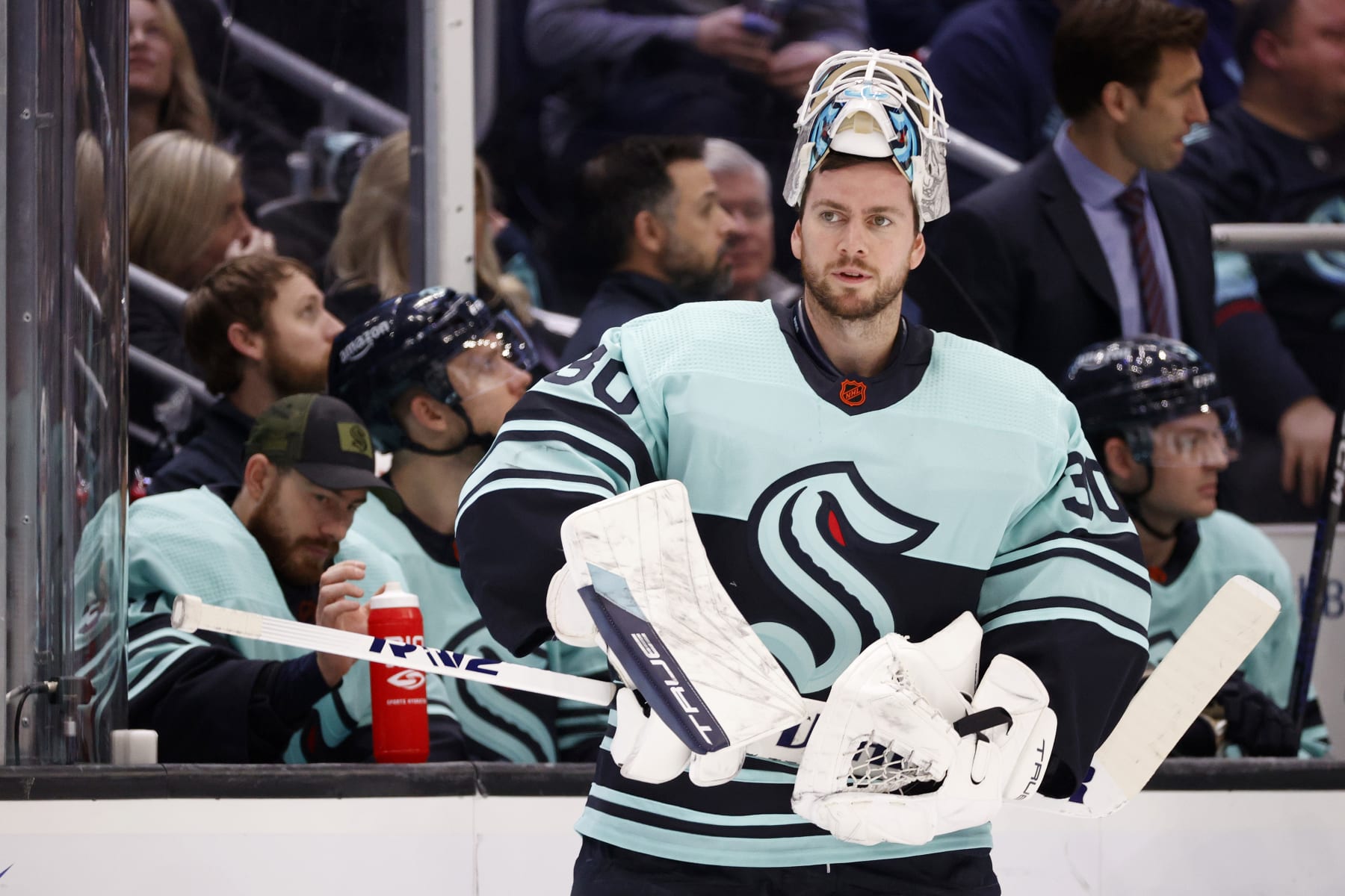 SEATTLE, WASHINGTON - DECEMBER 30: Martin Jones #30 of the Seattle Kraken looks on during the first period against the Edmonton Oilers at Climate Pledge Arena on December 30, 2022 in Seattle, Washington. (Photo by Steph Chambers/Getty Images)