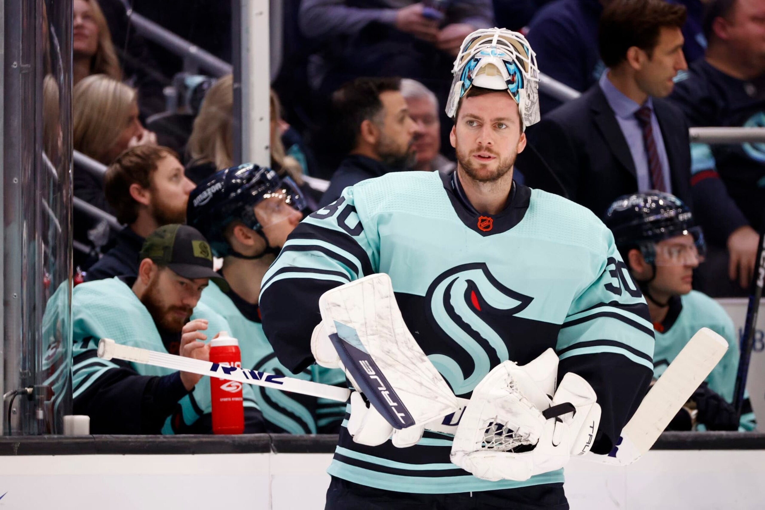 SEATTLE, WASHINGTON - DECEMBER 30: Martin Jones #30 of the Seattle Kraken looks on during the first period against the Edmonton Oilers at Climate Pledge Arena on December 30, 2022 in Seattle, Washington. (Photo by Steph Chambers/Getty Images) SEATTLE, WASHINGTON - DECEMBER 30: Martin Jones #30 of the Seattle Kraken looks on during the first period against the Edmonton Oilers at Climate Pledge Arena on December 30, 2022 in Seattle, Washington. (Photo by Steph Chambers/Getty Images)