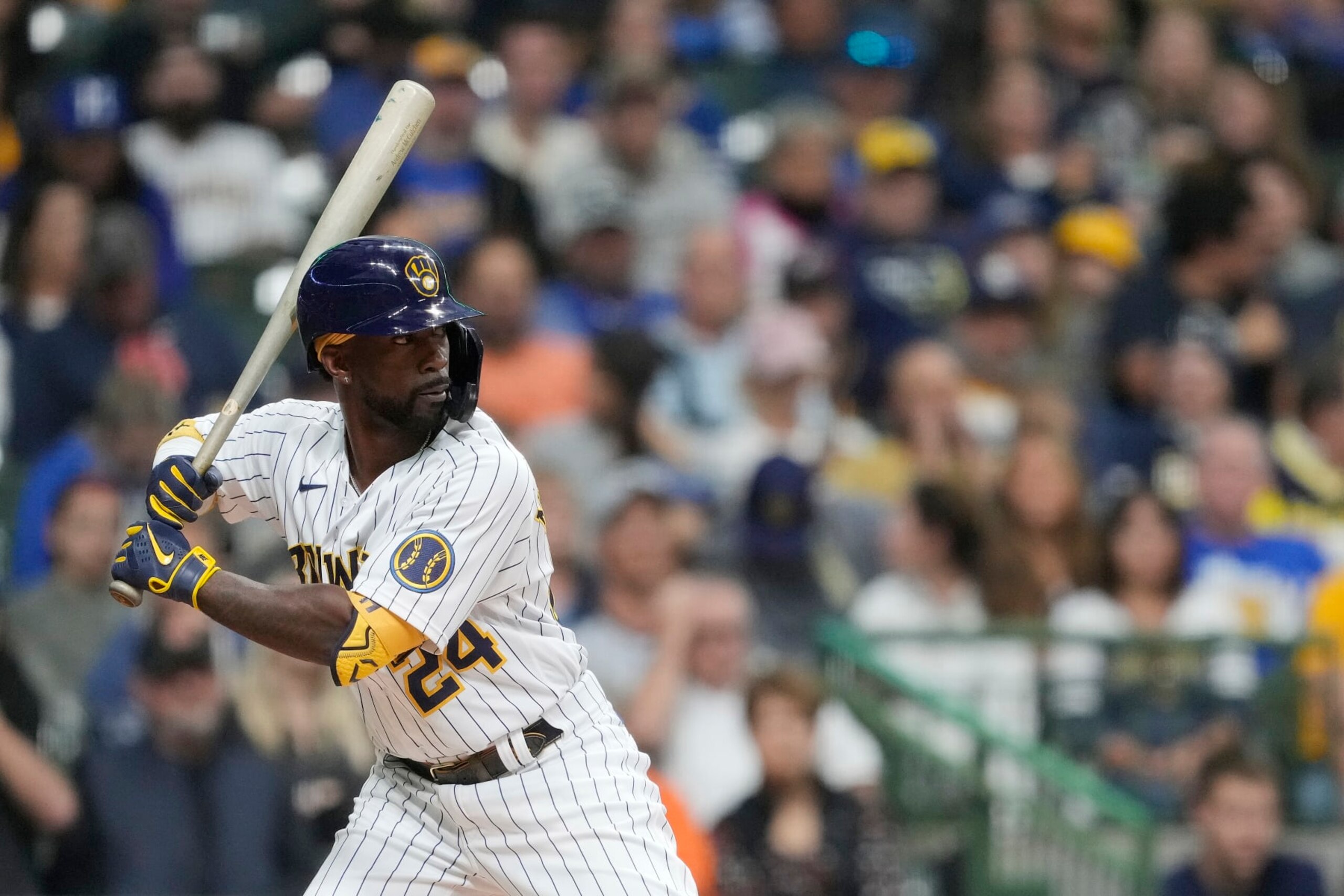 MILWAUKEE, WISCONSIN - OCTOBER 01: Andrew McCutchen #24 of the Milwaukee Brewers bats against the Miami Marlins during the second inning at American Family Field on October 01, 2022 in Milwaukee, Wisconsin. (Photo by Patrick McDermott/Getty Images)