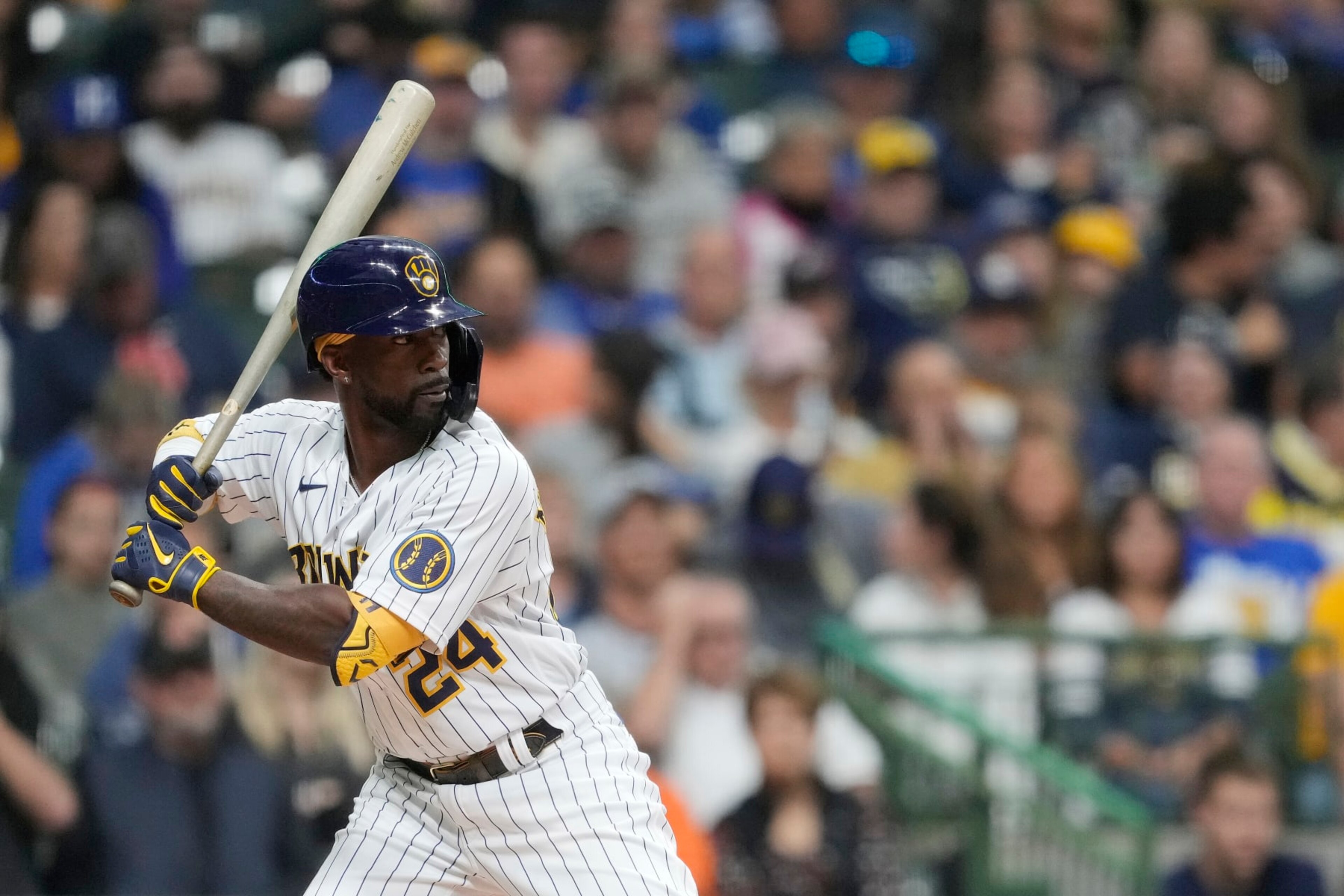 MILWAUKEE, WISCONSIN - OCTOBER 01: Andrew McCutchen #24 of the Milwaukee Brewers bats against the Miami Marlins during the second inning at American Family Field on October 01, 2022 in Milwaukee, Wisconsin. (Photo by Patrick McDermott/Getty Images)