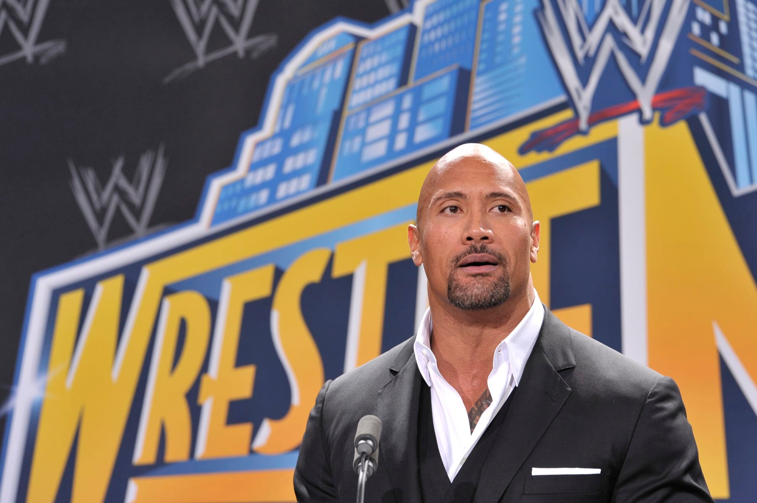 EAST RUTHERFORD, NJ - FEBRUARY 16: Dwayne "The Rock" Johnson attends a press conference to announce that MetLife Stadium will host WWE Wrestlemania 29 in 2013 at MetLife Stadium on February 16, 2012 in East Rutherford, New Jersey. (Photo by Michael N. Todaro/Getty Images)