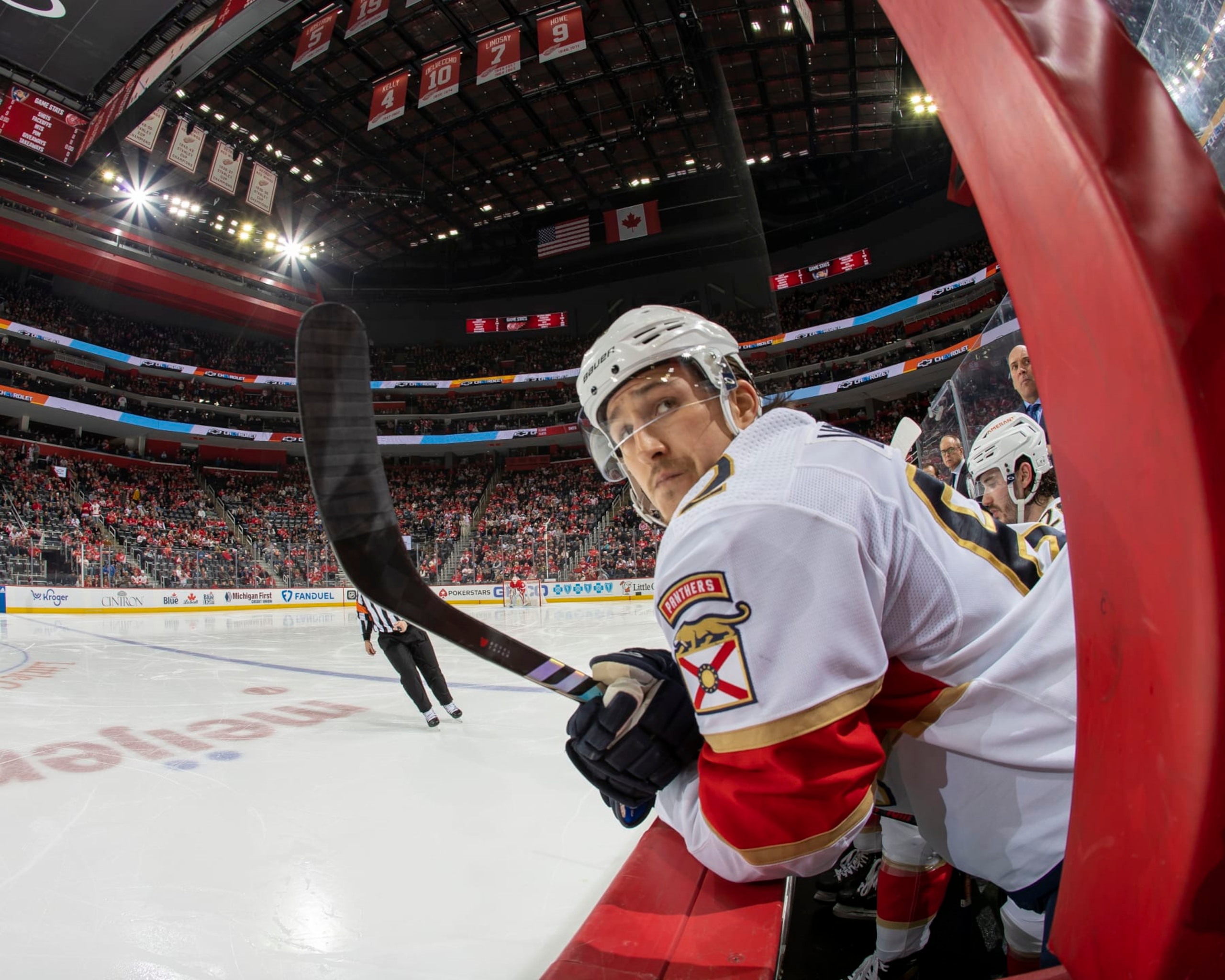 DETROIT, MI - JANUARY 06: Brandon Montour #62 of the Florida Panthers looks down at the Detroit Red Wings bench during the second period of an NHL game at Little Caesars Arena on January 6, 2023 in Detroit, Michigan. Florida defeated Detroit 3-2. (Photo by Dave Reginek/NHLI via Getty Images) DETROIT, MI - JANUARY 06: Brandon Montour #62 of the Florida Panthers looks down at the Detroit Red Wings bench during the second period of an NHL game at Little Caesars Arena on January 6, 2023 in Detroit, Michigan. Florida defeated Detroit 3-2. (Photo by Dave Reginek/NHLI via Getty Images)
