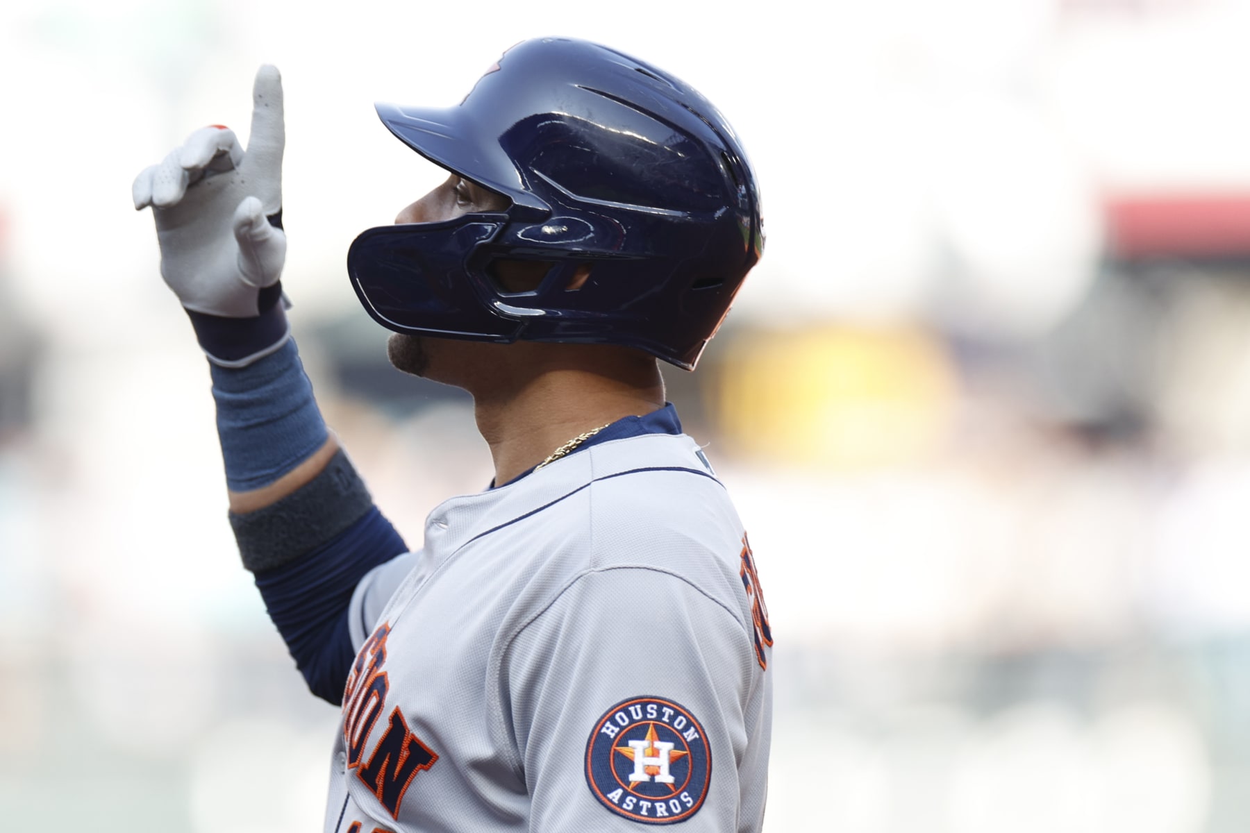 SEATTLE, WASHINGTON - OCTOBER 15: Yuli Gurriel #10 of the Houston Astros reacts after a single during the second inning against the Seattle Mariners in game three of the American League Division Series at T-Mobile Park on October 15, 2022 in Seattle, Washington. (Photo by Steph Chambers/Getty Images)