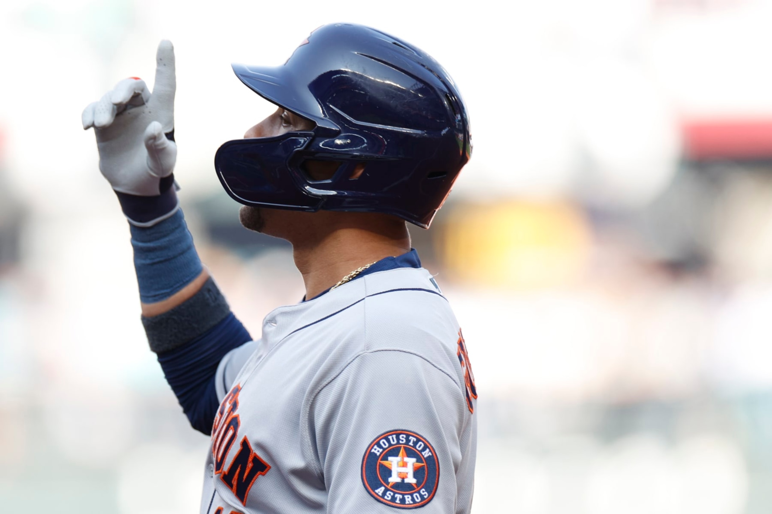SEATTLE, WASHINGTON - OCTOBER 15: Yuli Gurriel #10 of the Houston Astros reacts after a single during the second inning against the Seattle Mariners in game three of the American League Division Series at T-Mobile Park on October 15, 2022 in Seattle, Washington. (Photo by Steph Chambers/Getty Images)