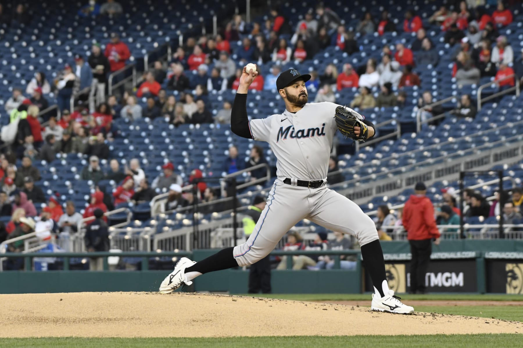WASHINGTON, DC - APRIL 27, 2022: Pablo López #49 of the Miami Marlins throws a pitch during the second inning against the Washington Nationals at Nationals Park on April 27, 2022 in Washington, DC. (Photo by Diamond Images via Getty Images)