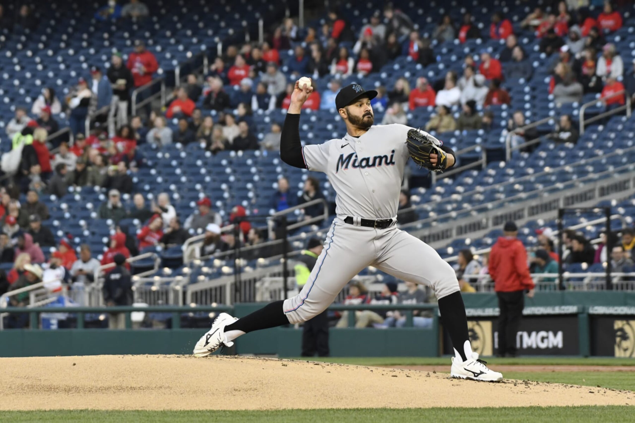 WASHINGTON, DC - APRIL 27, 2022: Pablo López #49 of the Miami Marlins throws a pitch during the second inning against the Washington Nationals at Nationals Park on April 27, 2022 in Washington, DC. (Photo by Diamond Images via Getty Images)