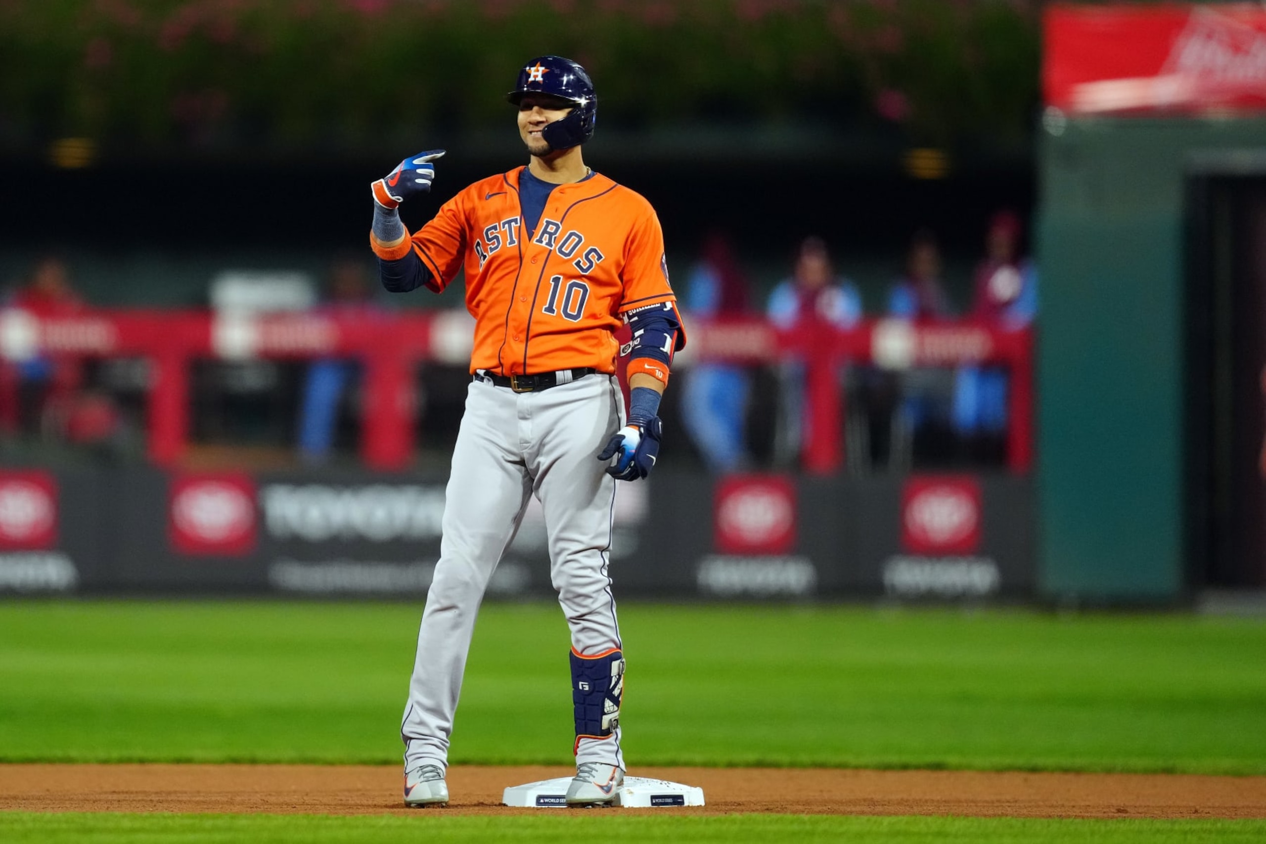 PHILADELPHIA, PA - NOVEMBER 03:  Yuli Gurriel #10 of the Houston Astros celebrates after hitting a double in the seventh inning during Game 5 of the 2022 World Series between the Houston Astros and the Philadelphia Phillies at Citizens Bank Park on Thursday, November 3, 2022 in Philadelphia, Pennsylvania. (Photo by Daniel Shirey/MLB Photos via Getty Images)