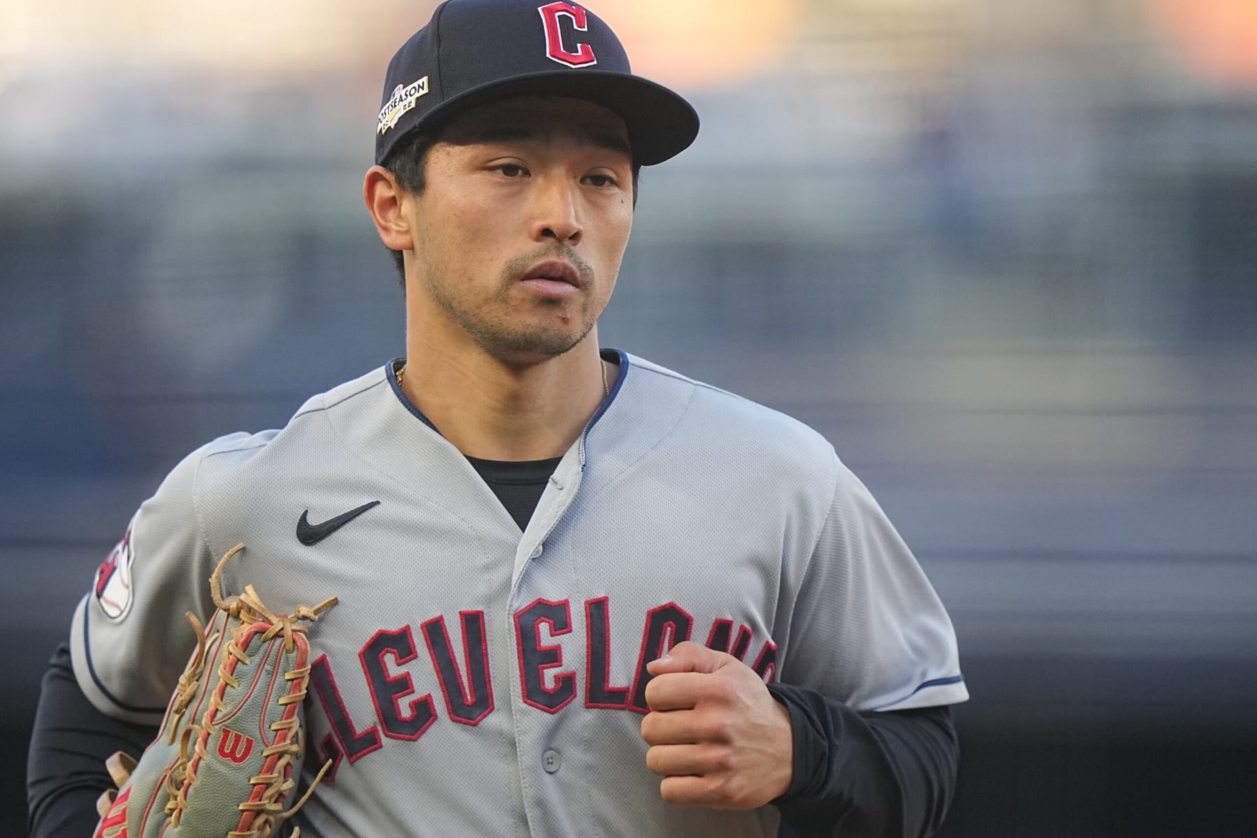 Baseball: ALDS Playoffs: Cleveland Guardians Steven Kwan (38) in action,  runs to the field vs New York Yankees at Yankee Stadium. Game 5. 
Bronx, NY 10/18/2022 
CREDIT: Erick W. Rasco (Photo by Erick W. Rasco/Sports Illustrated via Getty Images) 
(Set Number: X164207 TK1)