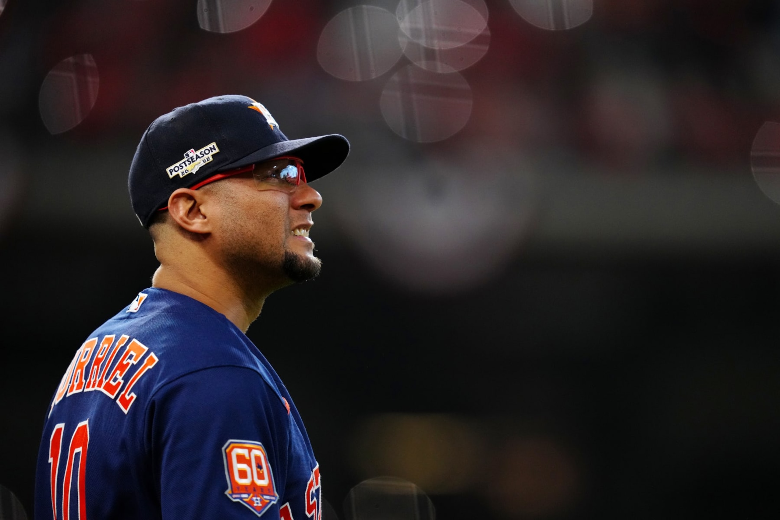 HOUSTON, TX - OCTOBER 13: Yuli Gurriel #10 of the Houston Astros looks on during the game between the Seattle Mariners and the Houston Astros at Minute Maid Park on Thursday, October 13, 2022 in Houston, Texas. (Photo by Daniel Shirey/MLB Photos via Getty Images)