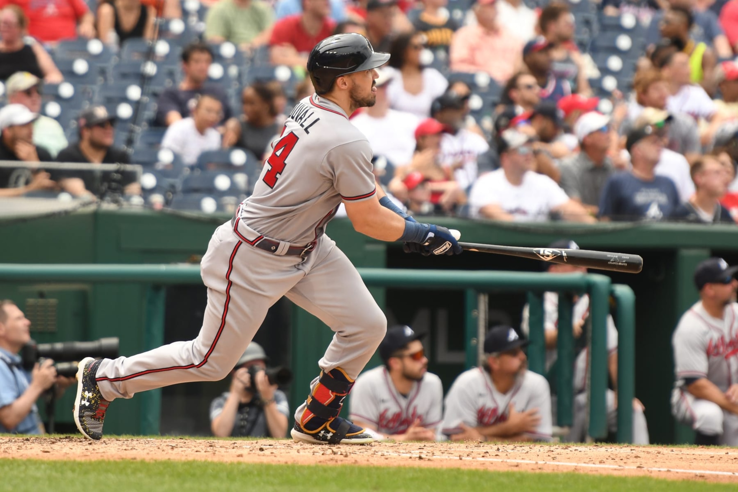 WASHINGTON, DC - JULY 17:  Adam Duvall #14 of the Atlanta Braves takes a swing during a baseball game against the Washington Nationals at Nationals Park on July 17, 2022 in Washington, DC.  (Photo by Mitchell Layton/Getty Images)