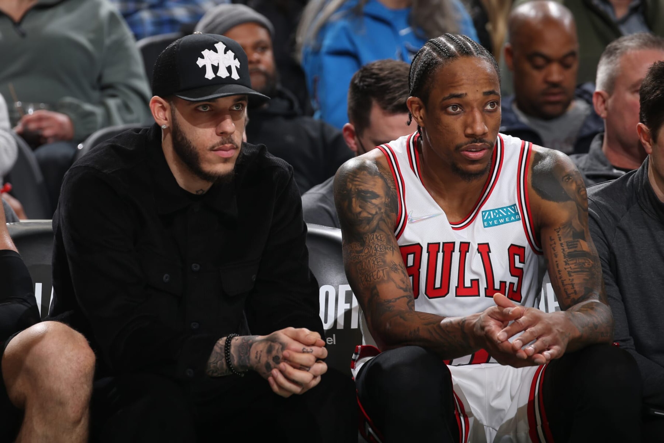 MILWAUKEE, WI - APRIL 27: Lonzo Ball #2 and DeMar DeRozan #11 of the Chicago Bulls look on during Round 1 Game 5 of the 2022 NBA Playoffs on April 27, 2022 at the Fiserv Forum Center in Milwaukee, Wisconsin. NOTE TO USER: User expressly acknowledges and agrees that, by downloading and or using this Photograph, user is consenting to the terms and conditions of the Getty Images License Agreement. Mandatory Copyright Notice: Copyright 2022 NBAE (Photo by Gary Dineen/NBAE via Getty Images).