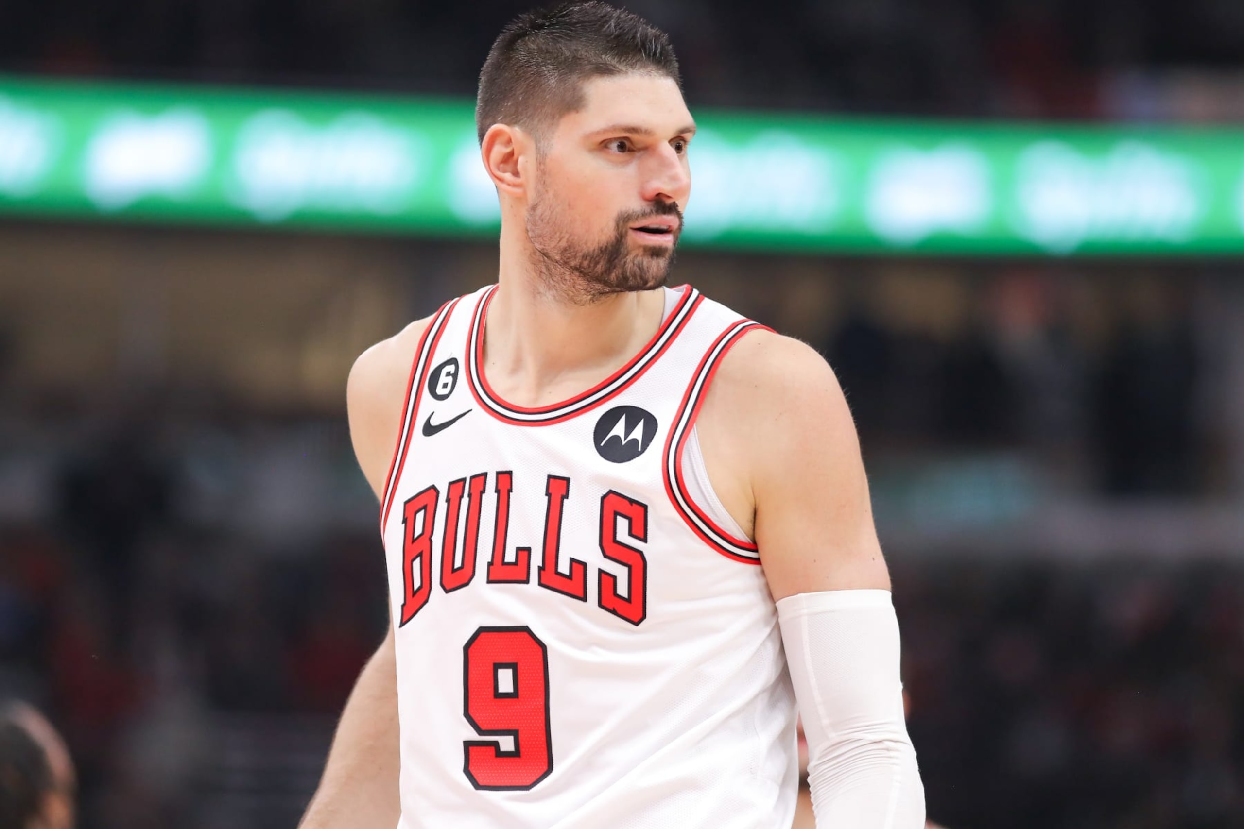 CHICAGO, IL - JANUARY 07: Chicago Bulls Center Nikola Vucevic (9) looks on after being called for a foul during a NBA game between the Utah Jazz and the Chicago Bulls on January 7, 2023 at the United Center in Chicago, IL. (Photo by Melissa Tamez/Icon Sportswire via Getty Images)