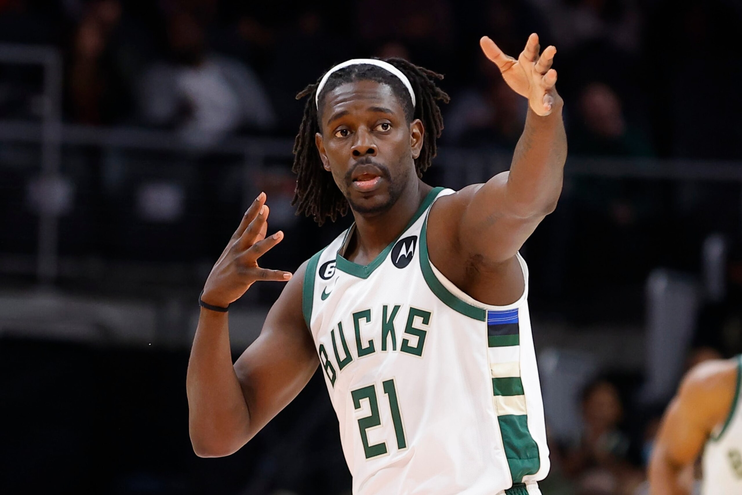 ATLANTA, GA - JANUARY 11: Jrue Holiday #21 of the Milwaukee Bucks reacts during the first half against the Atlanta Hawks at State Farm Arena on January 11, 2023 in Atlanta, Georgia.  NOTE TO USER: User expressly acknowledges and agrees that, by downloading and or using this photograph, User is consenting to the terms and conditions of the Getty Images License Agreement. (Photo by Todd Kirkland/Getty Images)