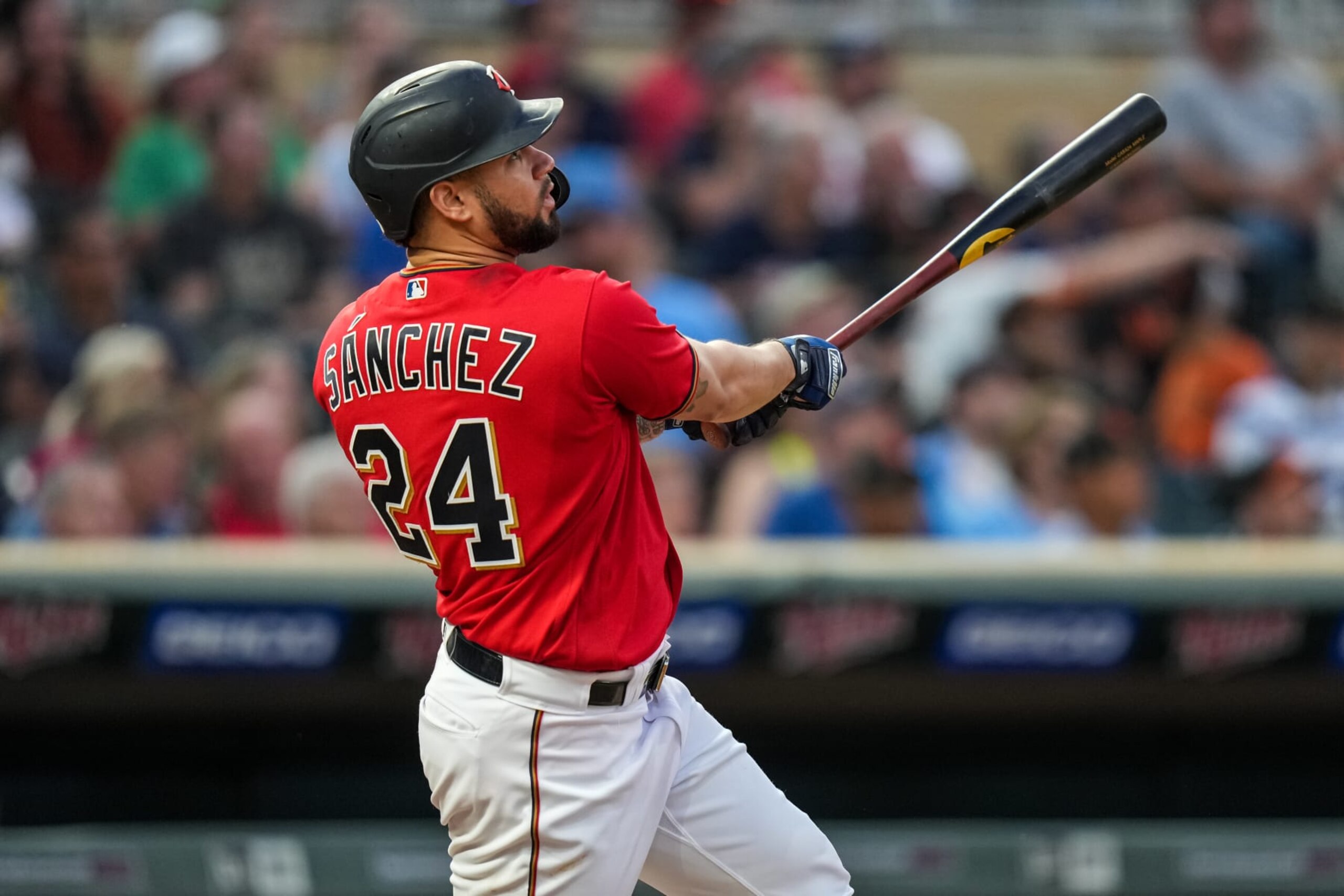 MINNEAPOLIS, MN - AUGUST 26: Gary Sánchez #24 of the Minnesota Twins bats against the San Francisco Giants on August 26, 2022 at Target Field in Minneapolis, Minnesota. (Photo by Brace Hemmelgarn/Minnesota Twins/Getty Images)