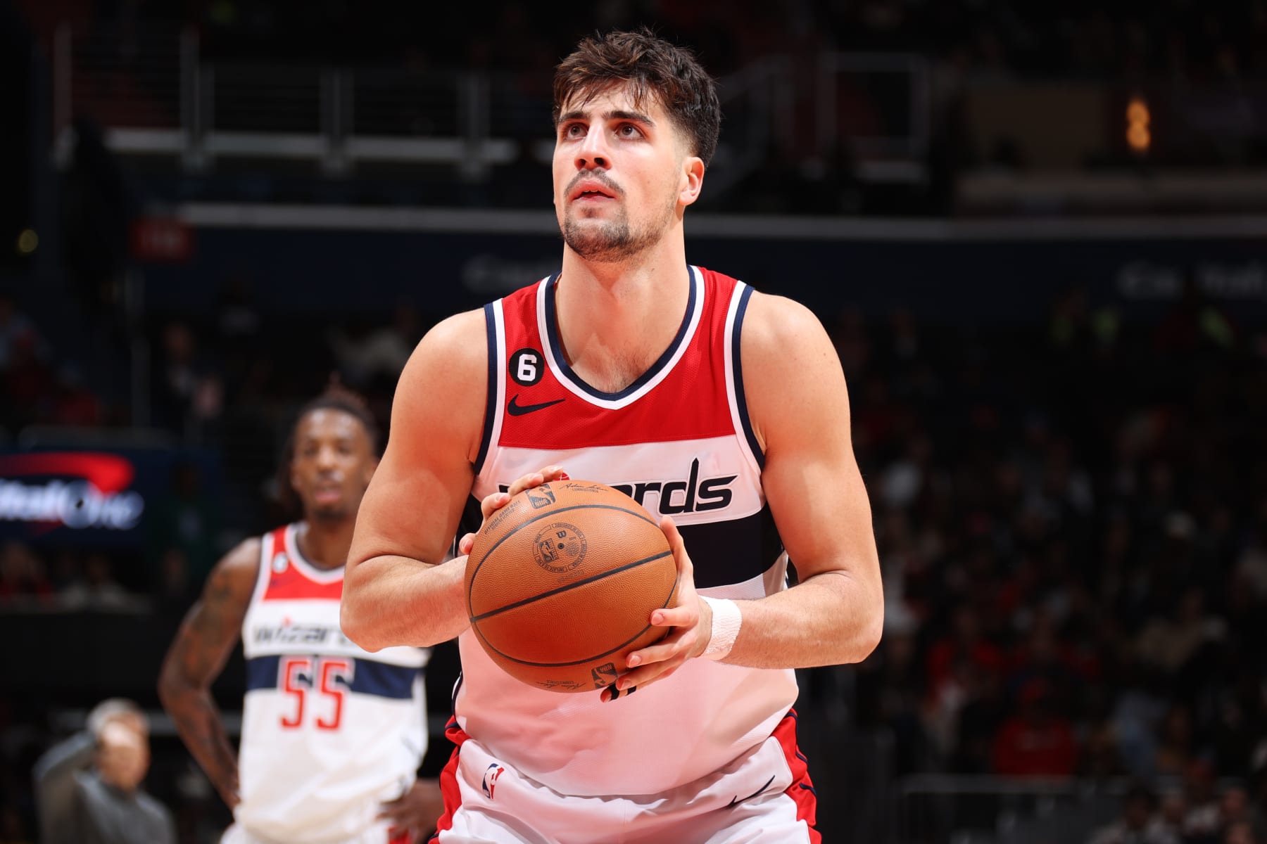 WASHINGTON, DC -  JANUARY 11: Deni Avdija #9 of the Washington Wizards shoots a free throw against the Chicago Bulls on January 11, 2023 at Capital One Arena in Washington, DC. NOTE TO USER: User expressly acknowledges and agrees that, by downloading and or using this Photograph, user is consenting to the terms and conditions of the Getty Images License Agreement. Mandatory Copyright Notice: Copyright 2023 NBAE (Photo by Stephen Gosling/NBAE via Getty Images)