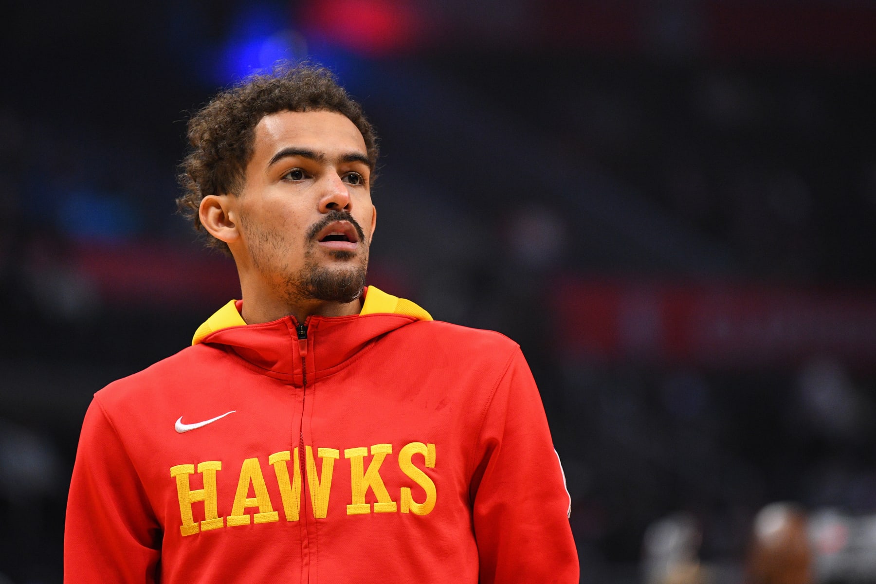LOS ANGELES, CA - JANUARY 08: Atlanta Hawks Guard Trae Young (11) looks on before a NBA game between the Atlanta Hawks and the Los Angeles Clippers on January 8, 2023 at Crypto.com Arena in Los Angeles, CA. (Photo by Brian Rothmuller/Icon Sportswire via Getty Images)