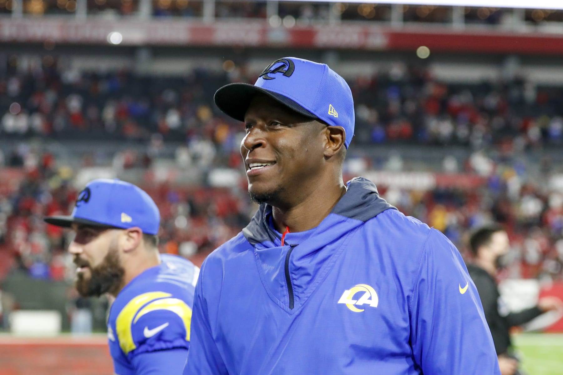 TAMPA, FL - JANUARY 23: Los Angeles Rams Defensive Coordinator Raheem Morris after the NFC Divisional playoff game between the Los Angeles Rams and the Tampa Bay Buccaneers on January 23, 2022, at Raymond James Stadium in Tampa , FL. (Photo by Jordon Kelly/Icon Sportswire via Getty Images)