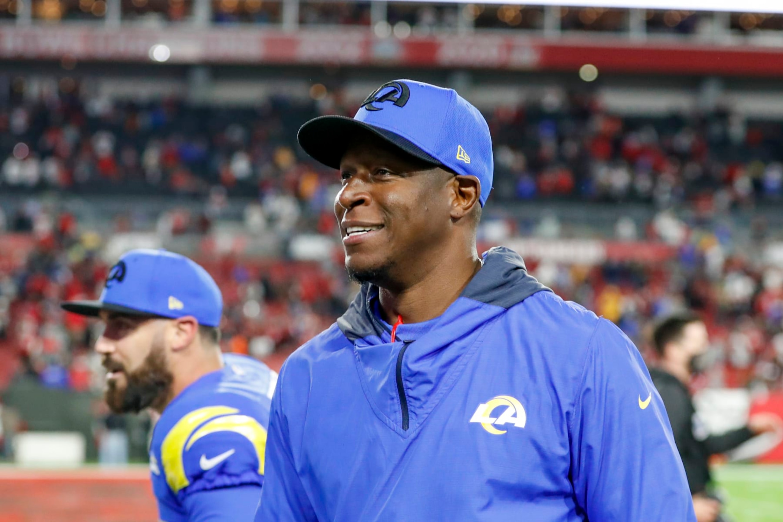 TAMPA, FL - JANUARY 23: Los Angeles Rams Defensive Coordinator Raheem Morris after the NFC Divisional playoff game between the Los Angeles Rams and the Tampa Bay Buccaneers on January 23, 2022, at Raymond James Stadium in Tampa , FL. (Photo by Jordon Kelly/Icon Sportswire via Getty Images)