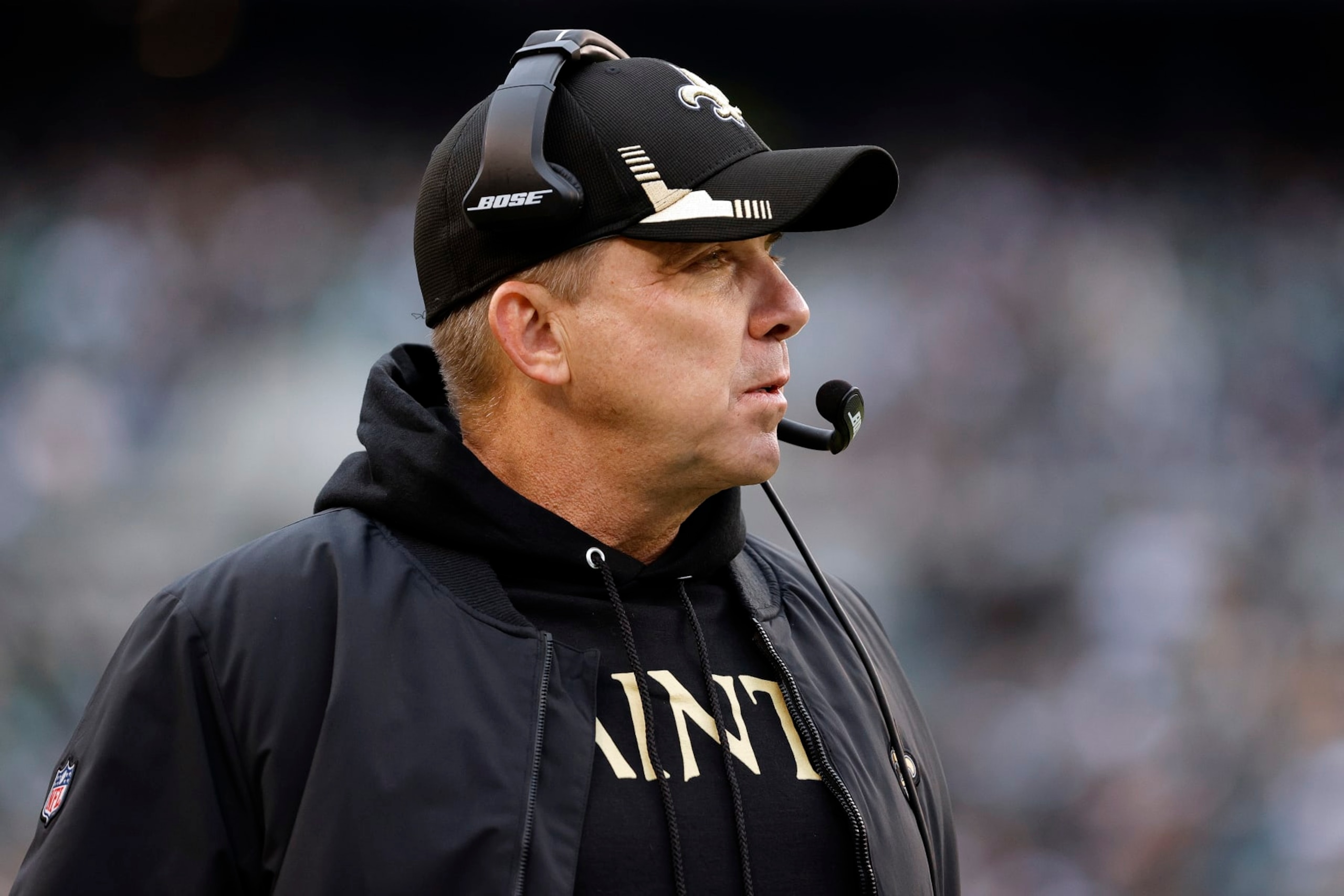 PHILADELPHIA, PENNSYLVANIA - NOVEMBER 21: Head coach Sean Payton of the New Orleans Saints  looks on during the second quarter against the Philadelphia Eagles at Lincoln Financial Field on November 21, 2021 in Philadelphia, Pennsylvania. (Photo by Tim Nwachukwu/Getty Images)