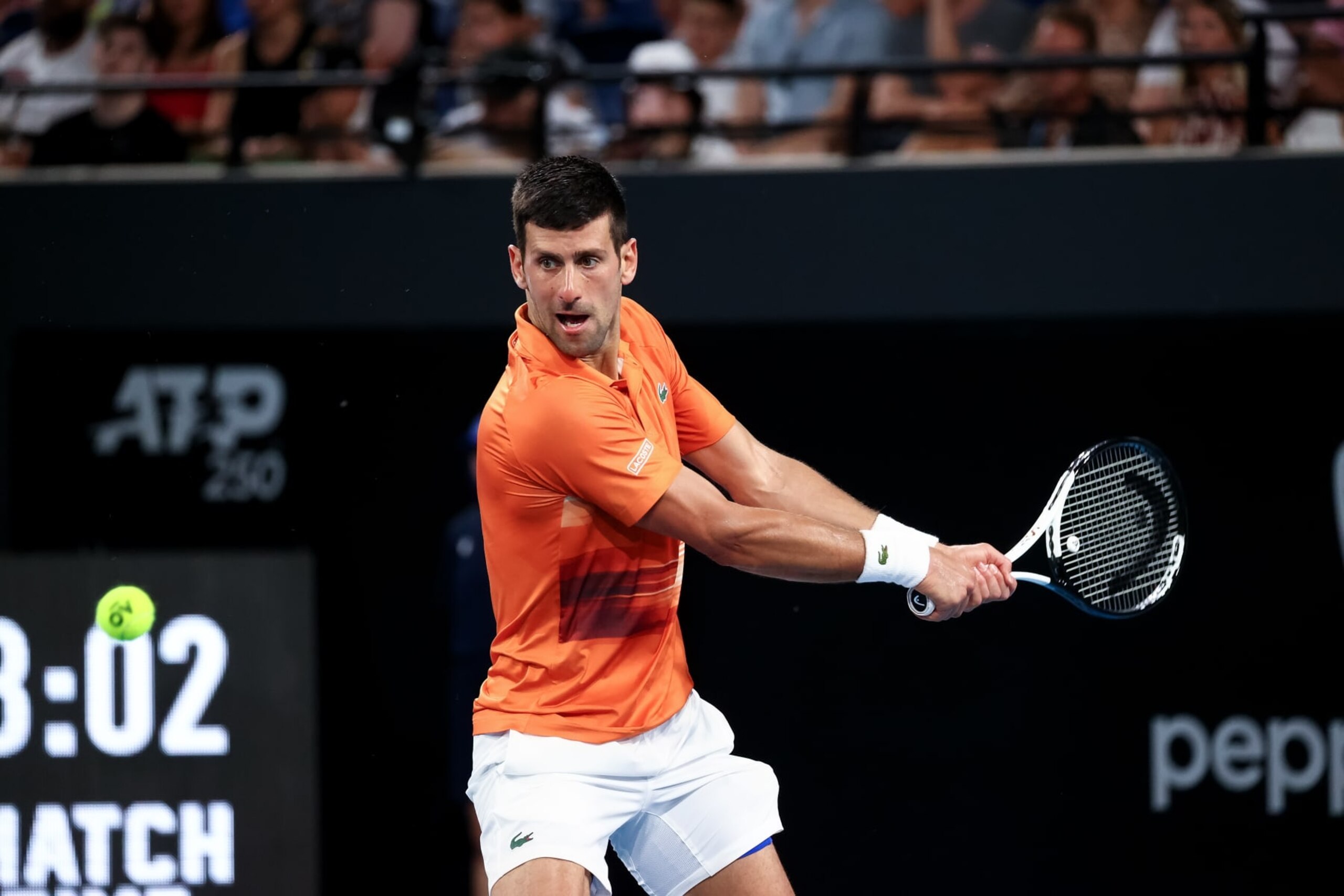 ADELAIDE, AUSTRALIA - JANUARY 08: Novak Djokovic of Serbia hits a backhand during the Adelaide International tennis final match between Novak Djokovic of Serbia and Sebastian Korda of United States at Memorial Drive on January 08, 2023 in Adelaide, Australia. (Photo by Peter Mundy/Speed Media/Icon Sportswire via Getty Images)