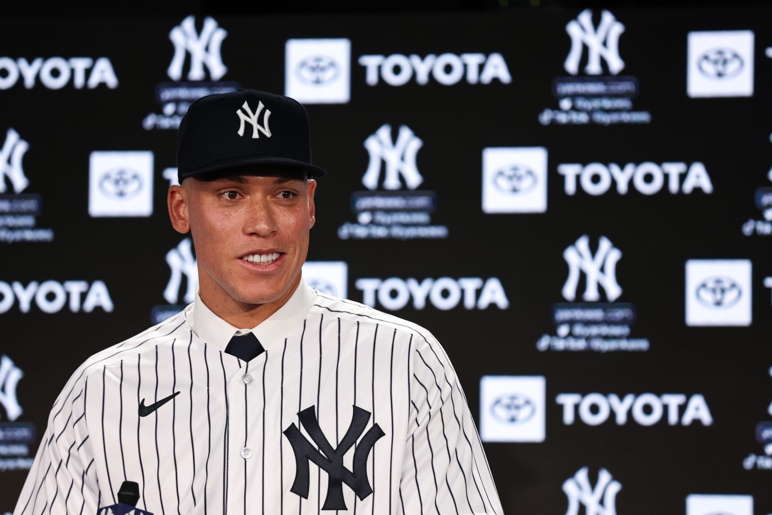 BRONX, NEW YORK - DECEMBER 21: Aaron Judge #99 of the New York Yankees speaks to the media during a press conference at Yankee Stadium on December 21, 2022 in Bronx, New York. (Photo by Dustin Satloff/Getty Images)