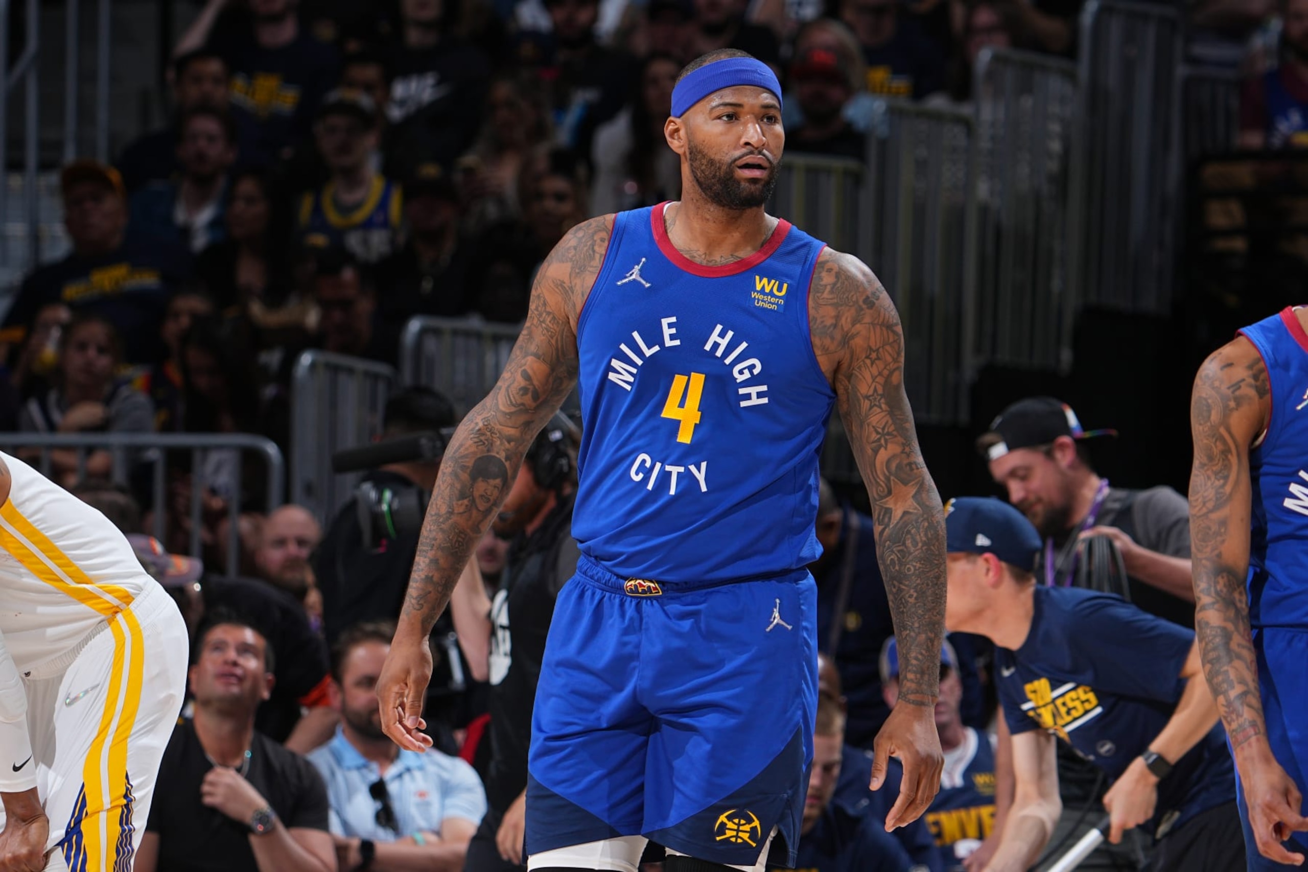 DENVER, CO - APRIL 21: DeMarcus Cousins #4 of the Denver Nuggets looks on during the game against the Golden State Warriors during Round 1 Game 3 of the 2022 NBA Playoffs on April 21, 2022 at the Ball Arena in Denver, Colorado. NOTE TO USER: User expressly acknowledges and agrees that, by downloading and/or using this Photograph, user is consenting to the terms and conditions of the Getty Images License Agreement. Mandatory Copyright Notice: Copyright 2022 NBAE (Photo by Bart Young/NBAE via Getty Images) DENVER, CO - APRIL 21: DeMarcus Cousins #4 of the Denver Nuggets looks on during the game against the Golden State Warriors during Round 1 Game 3 of the 2022 NBA Playoffs on April 21, 2022 at the Ball Arena in Denver, Colorado. NOTE TO USER: User expressly acknowledges and agrees that, by downloading and/or using this Photograph, user is consenting to the terms and conditions of the Getty Images License Agreement. Mandatory Copyright Notice: Copyright 2022 NBAE (Photo by Bart Young/NBAE via Getty Images)