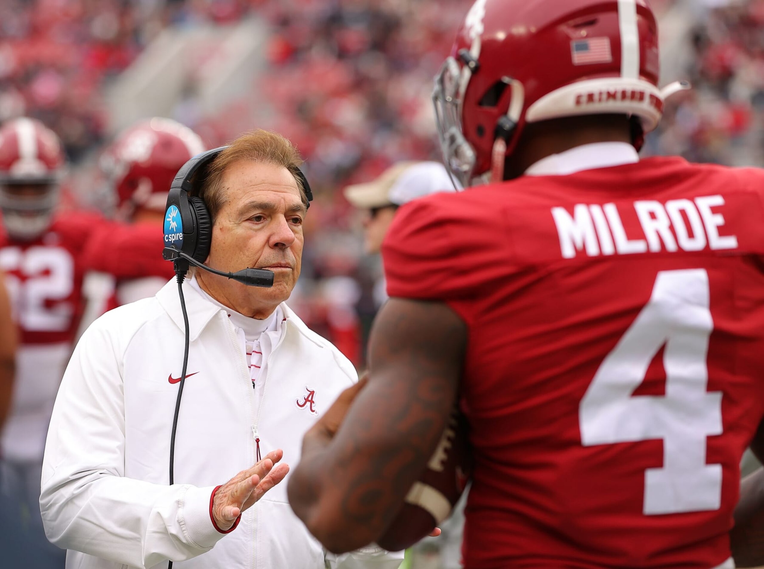TUSCALOOSA, ALABAMA - NOVEMBER 19: Head coach Nick Saban of the Alabama Crimson Tide communicates to Jalen Milroe #4 against the Austin Peay Governors during the fourth quarter at Bryant-Denny Stadium on November 19, 2022 in Tuscaloosa, Alabama. (Photo by Kevin C. Cox/Getty Images) TUSCALOOSA, ALABAMA - NOVEMBER 19: Head coach Nick Saban of the Alabama Crimson Tide communicates to Jalen Milroe #4 against the Austin Peay Governors during the fourth quarter at Bryant-Denny Stadium on November 19, 2022 in Tuscaloosa, Alabama. (Photo by Kevin C. Cox/Getty Images)