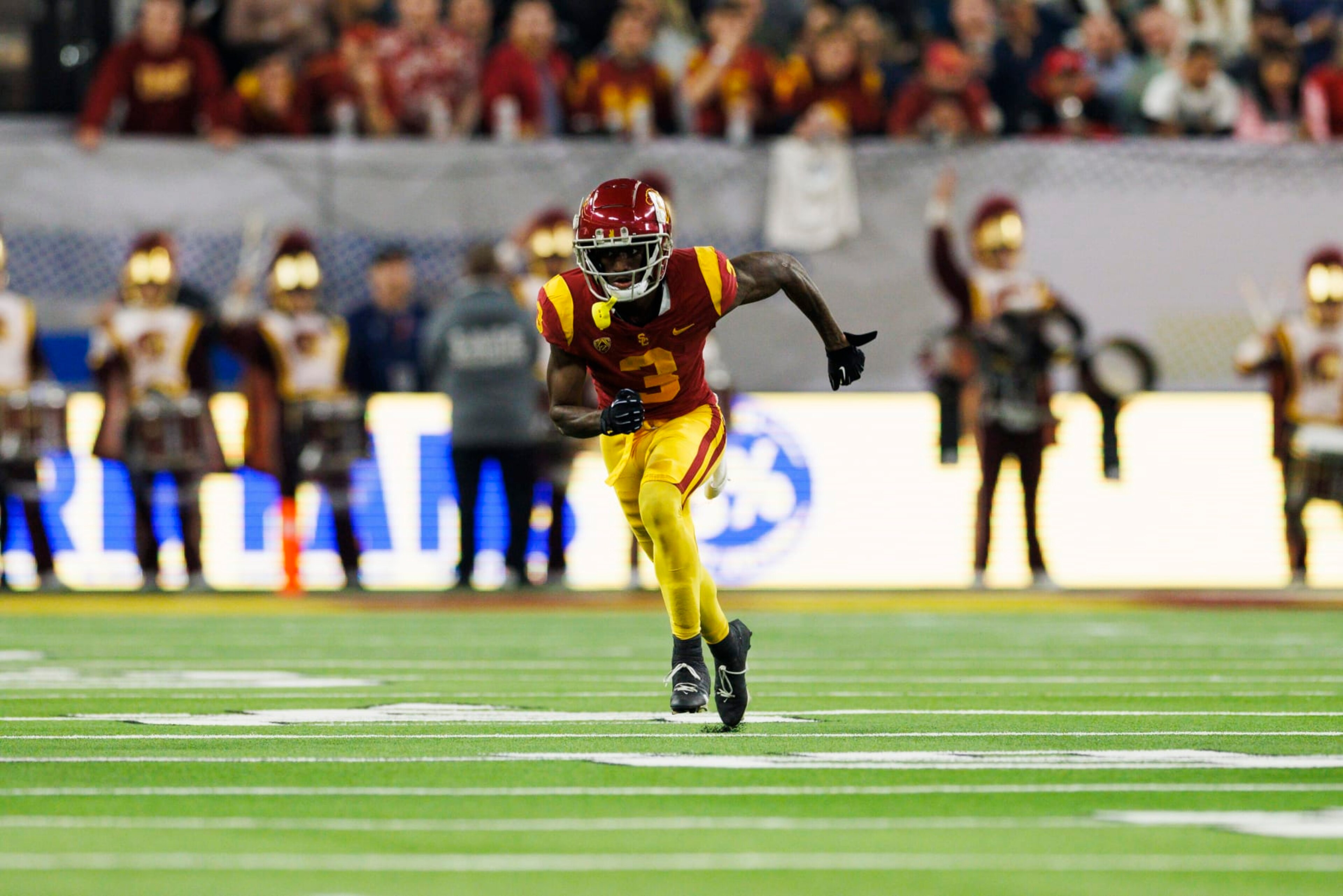 LAS VEGAS, NV - DECEMBER 02: USC Trojans wide receiver Jordan Addison (3) runs a route during the Pac-12 Championship football game between Utah Utes and USC Trojans on December 2, 2022 at Allegiant Stadium in Las Vegas, NV. (Photo by Ric Tapia/Icon Sportswire via Getty Images) LAS VEGAS, NV - DECEMBER 02: USC Trojans wide receiver Jordan Addison (3) runs a route during the Pac-12 Championship football game between Utah Utes and USC Trojans on December 2, 2022 at Allegiant Stadium in Las Vegas, NV. (Photo by Ric Tapia/Icon Sportswire via Getty Images)