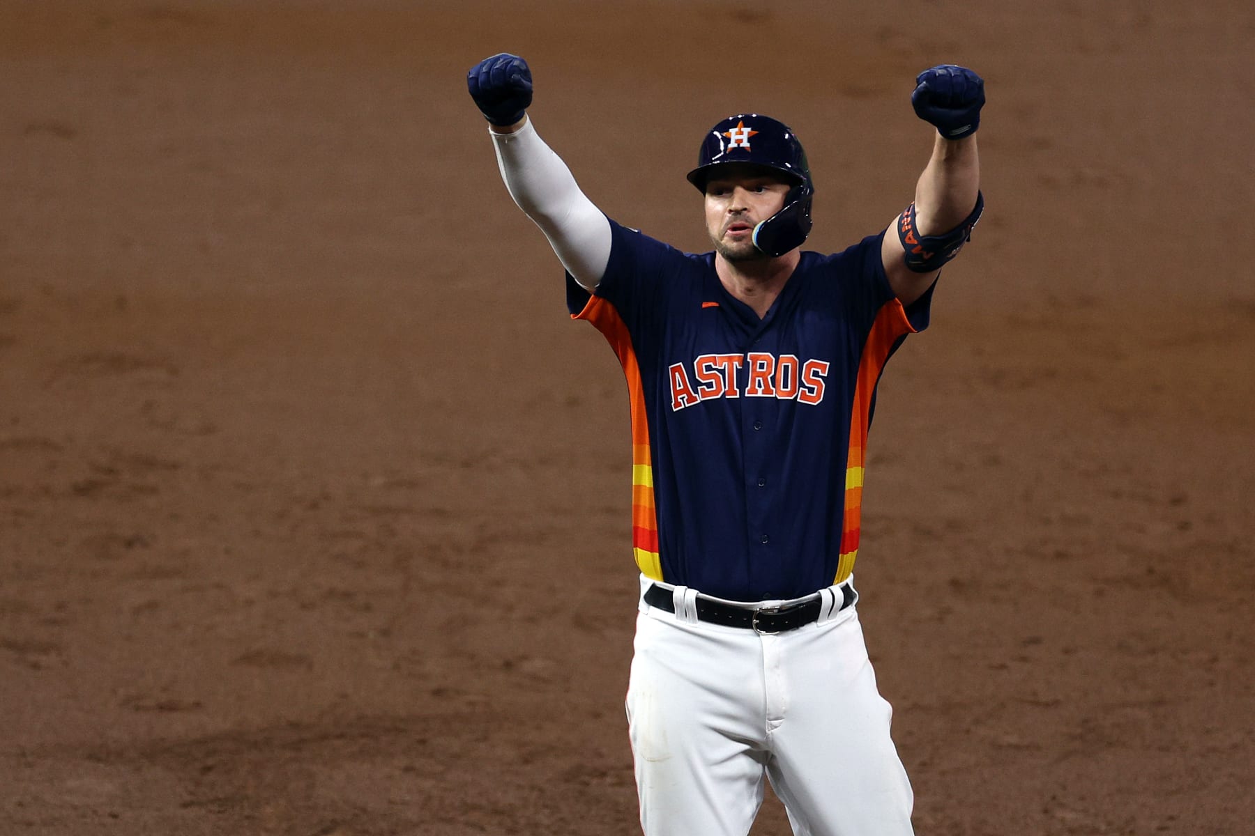 HOUSTON, TEXAS - NOVEMBER 05: Trey Mancini #26 of the Houston Astros reacts after hitting a single against the Philadelphia Phillies during the third inning in Game Six of the 2022 World Series at Minute Maid Park on November 05, 2022 in Houston, Texas. (Photo by Rob Carr/Getty Images) HOUSTON, TEXAS - NOVEMBER 05: Trey Mancini #26 of the Houston Astros reacts after hitting a single against the Philadelphia Phillies during the third inning in Game Six of the 2022 World Series at Minute Maid Park on November 05, 2022 in Houston, Texas. (Photo by Rob Carr/Getty Images)