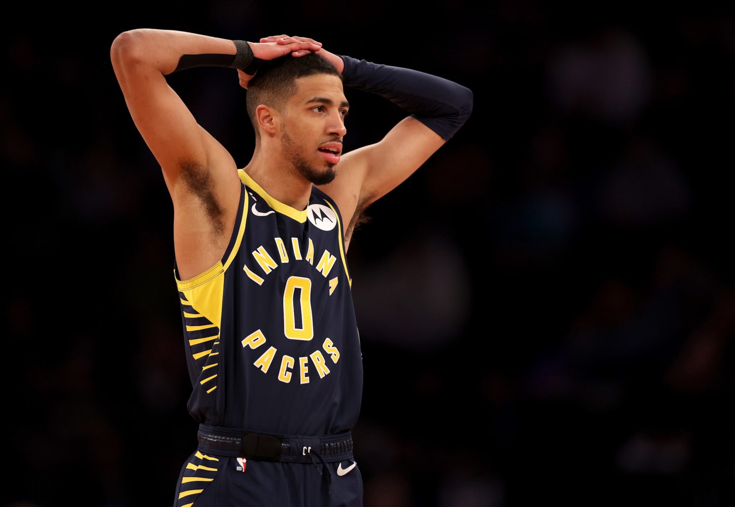 NEW YORK, NEW YORK - JANUARY 11: Tyrese Haliburton #0 of the Indiana Pacers reacts in the first quarter against the New York Knicks at Madison Square Garden on January 11, 2023 in New York City. NOTE TO USER: User expressly acknowledges and agrees that, by downloading and or using this photograph, User is consenting to the terms and conditions of the Getty Images License Agreement. (Photo by Elsa/Getty Images) NEW YORK, NEW YORK - JANUARY 11: Tyrese Haliburton #0 of the Indiana Pacers reacts in the first quarter against the New York Knicks at Madison Square Garden on January 11, 2023 in New York City. NOTE TO USER: User expressly acknowledges and agrees that, by downloading and or using this photograph, User is consenting to the terms and conditions of the Getty Images License Agreement. (Photo by Elsa/Getty Images)
