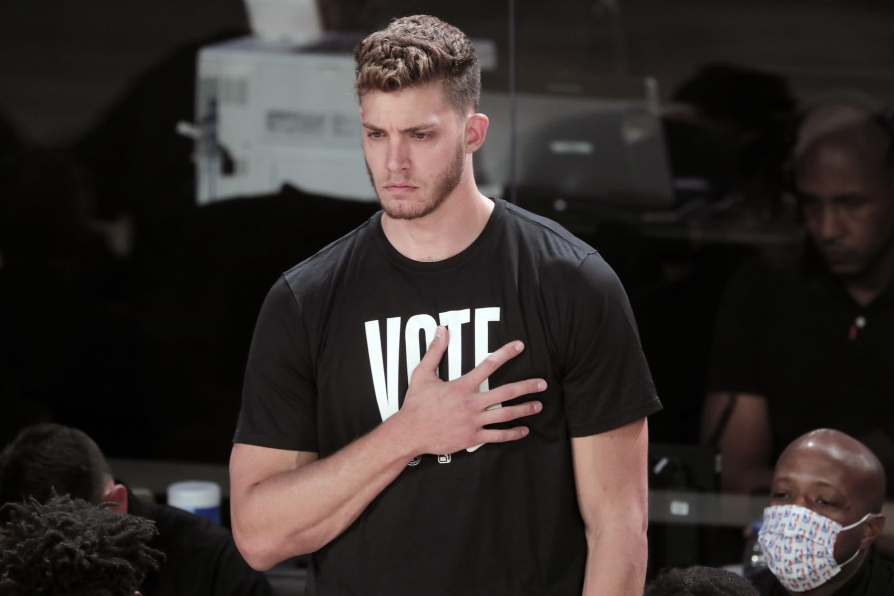 Basketball: NBA Finals: Miami Heat Meyers Leonard during anthem before game vs Los Angeles Lakers at AdventHealth Arena. Game 4. 
Orlando, FL
10/6/2020
CREDIT: David E. Klutho (Photo by David E. Klutho/Sports Illustrated via Getty Images) (Set Number: X163392)