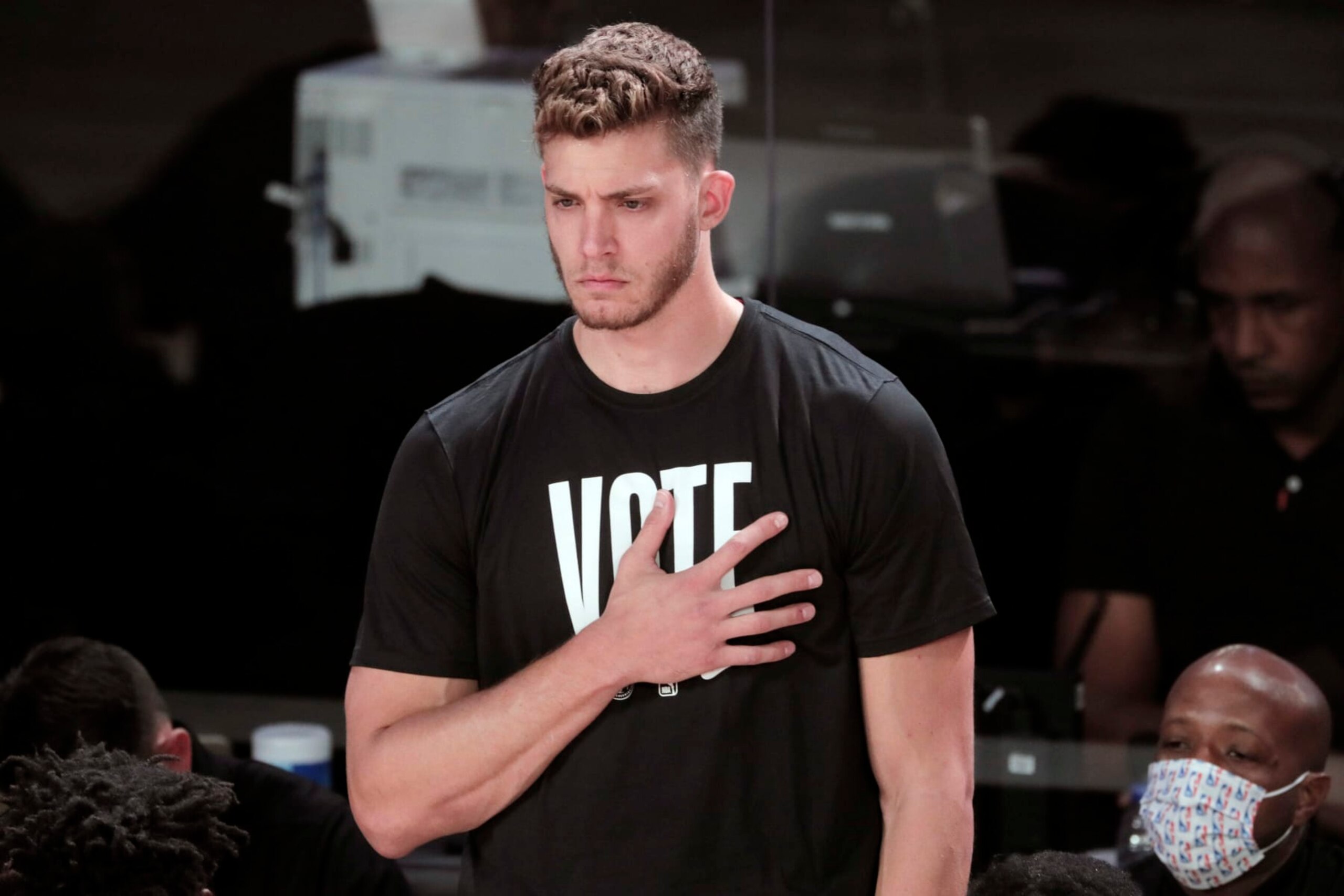 Basketball: NBA Finals: Miami Heat Meyers Leonard during anthem before game vs Los Angeles Lakers at AdventHealth Arena. Game 4. 
Orlando, FL
10/6/2020
CREDIT: David E. Klutho (Photo by David E. Klutho/Sports Illustrated via Getty Images) (Set Number: X163392)