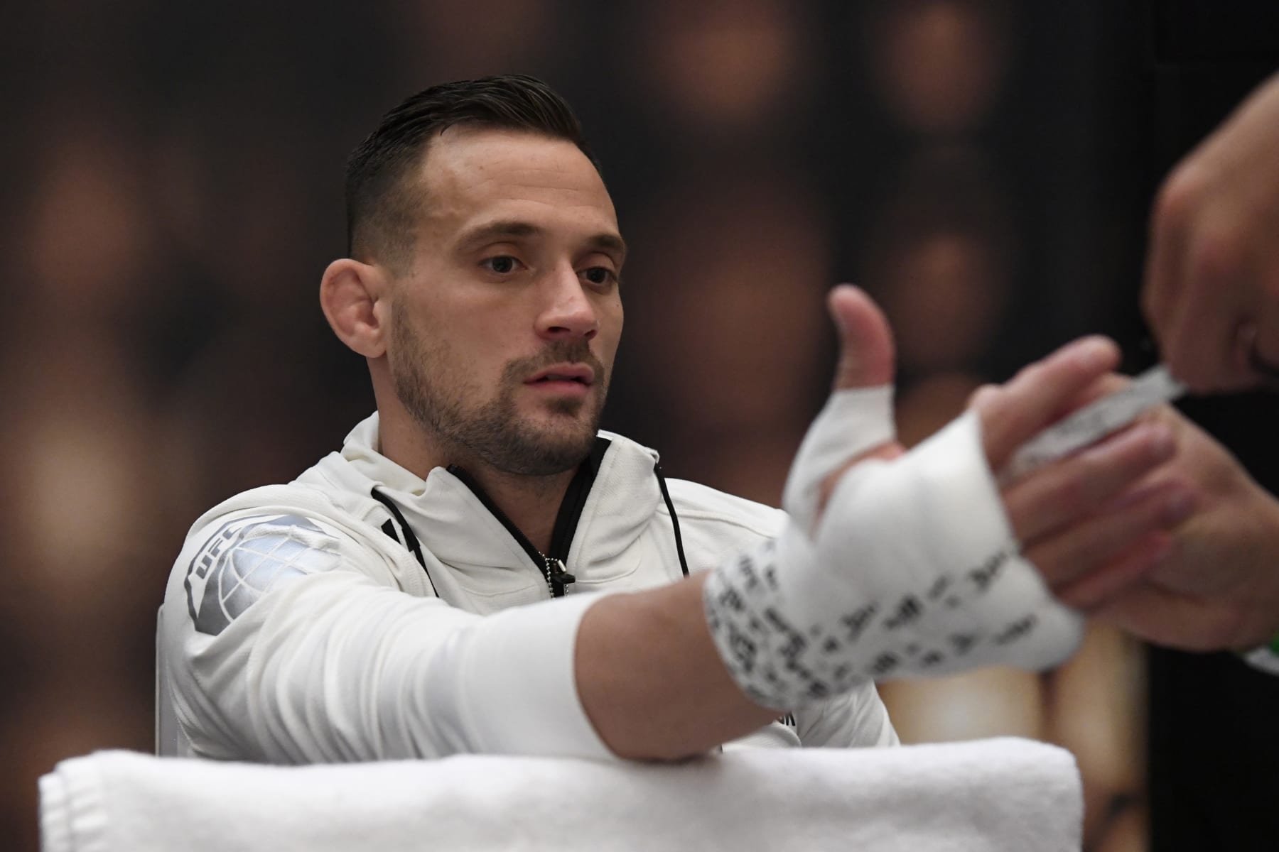 ABU DHABI, UNITED ARAB EMIRATES - OCTOBER 18:  James Krause has his hands wrapped backstage during the UFC Fight Night event inside Flash Forum on UFC Fight Island on October 18, 2020 in Abu Dhabi, United Arab Emirates. (Photo by Mike Roach/Zuffa LLC via Getty Images)