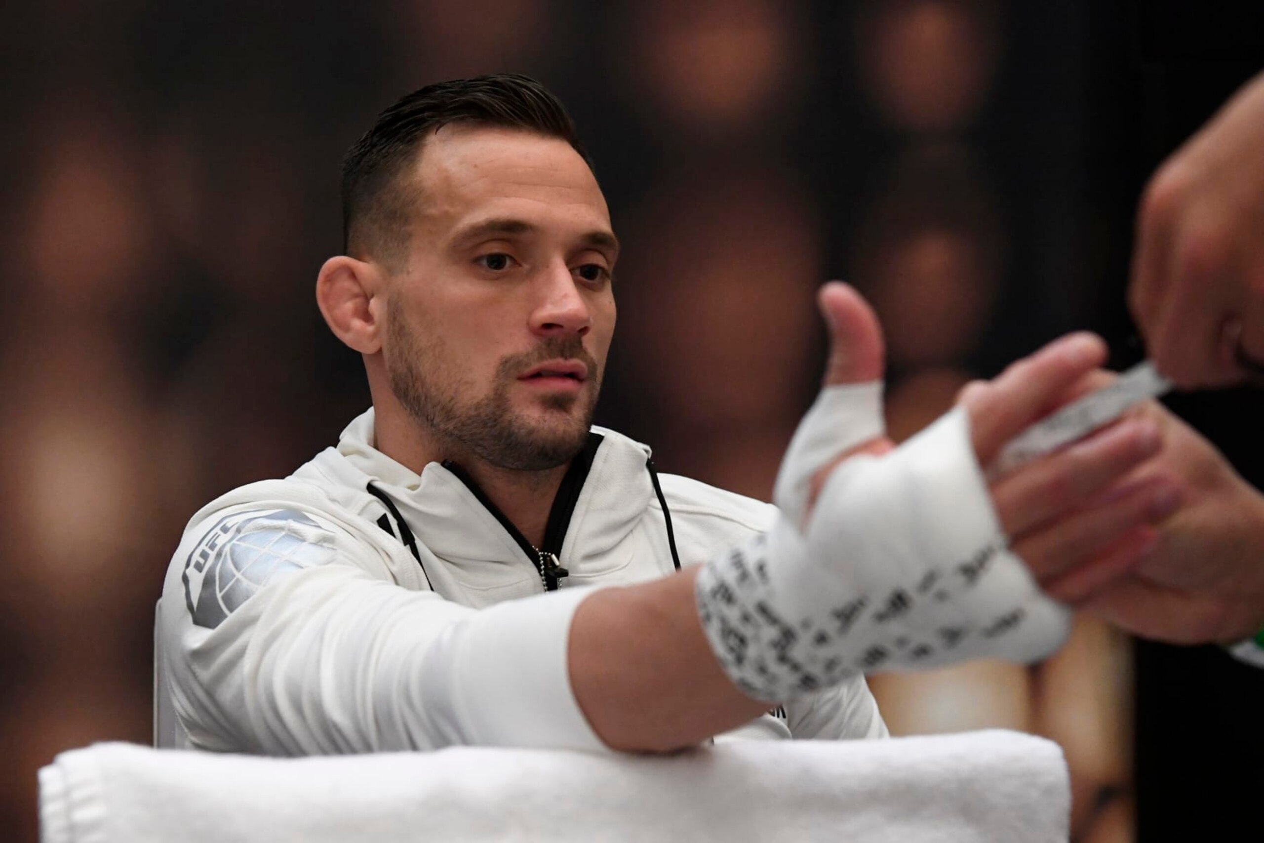 ABU DHABI, UNITED ARAB EMIRATES - OCTOBER 18:  James Krause has his hands wrapped backstage during the UFC Fight Night event inside Flash Forum on UFC Fight Island on October 18, 2020 in Abu Dhabi, United Arab Emirates. (Photo by Mike Roach/Zuffa LLC via Getty Images)