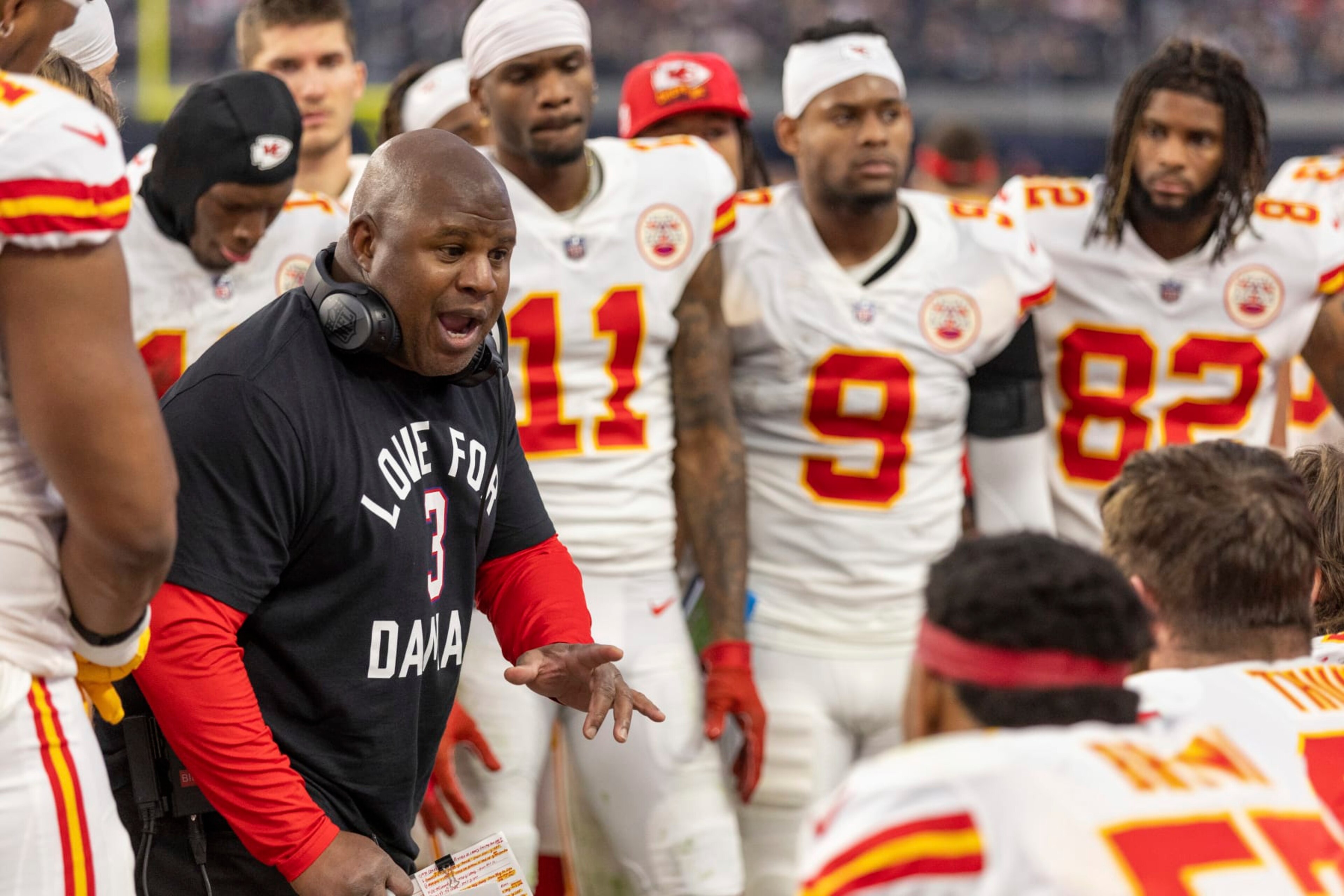 Kansas City Chiefs offensive coordinator Eric Bieniemy coaches against the Las Vegas Raiders in an NFL football game, Saturday, Jan. 7, 2023, in Las Vegas, NV. Chiefs won 31-13. (AP Photo/Jeff Lewis) Kansas City Chiefs offensive coordinator Eric Bieniemy coaches against the Las Vegas Raiders in an NFL football game, Saturday, Jan. 7, 2023, in Las Vegas, NV. Chiefs won 31-13. (AP Photo/Jeff Lewis)