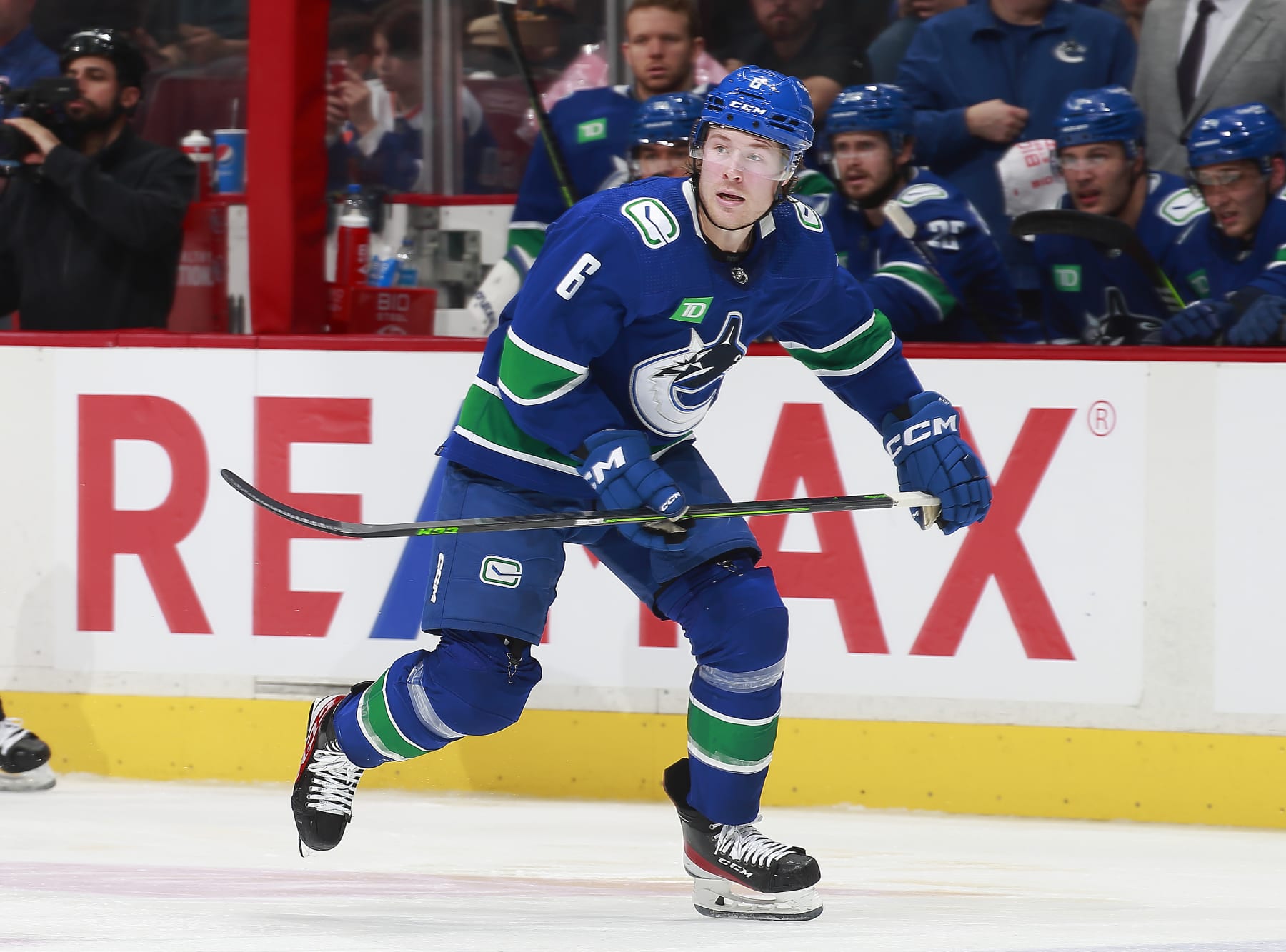 VANCOUVER, CANADA - JANUARY 3: Brock Boeser #6 of the Vancouver Canucks skates up ice during their NHL game against the New York Islanders at Rogers Arena January 3, 2023 in Vancouver, British Columbia, Canada.  (Photo by Jeff Vinnick/NHLI via Getty Images)