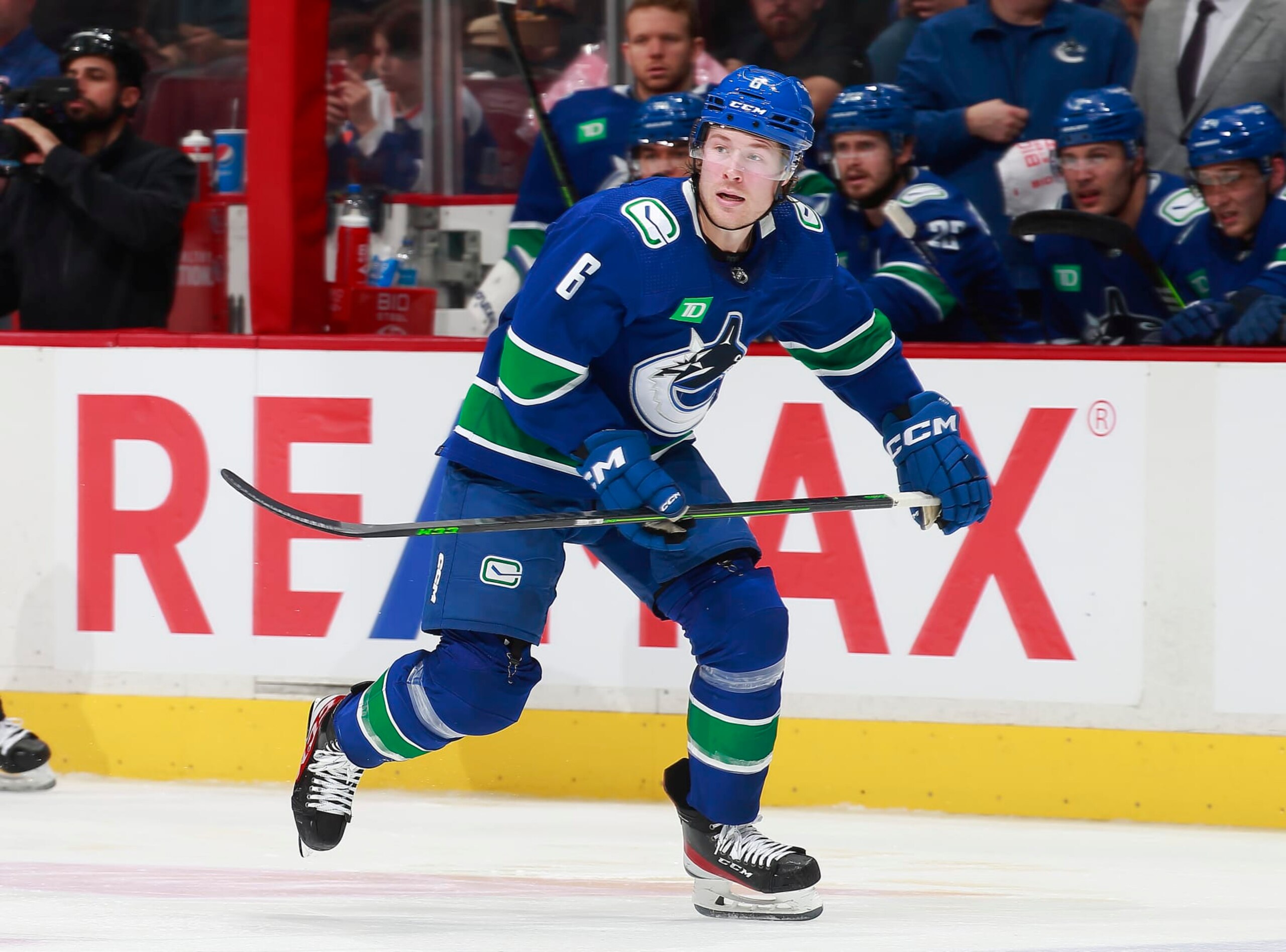 VANCOUVER, CANADA - JANUARY 3: Brock Boeser #6 of the Vancouver Canucks skates up ice during their NHL game against the New York Islanders at Rogers Arena January 3, 2023 in Vancouver, British Columbia, Canada.  (Photo by Jeff Vinnick/NHLI via Getty Images)