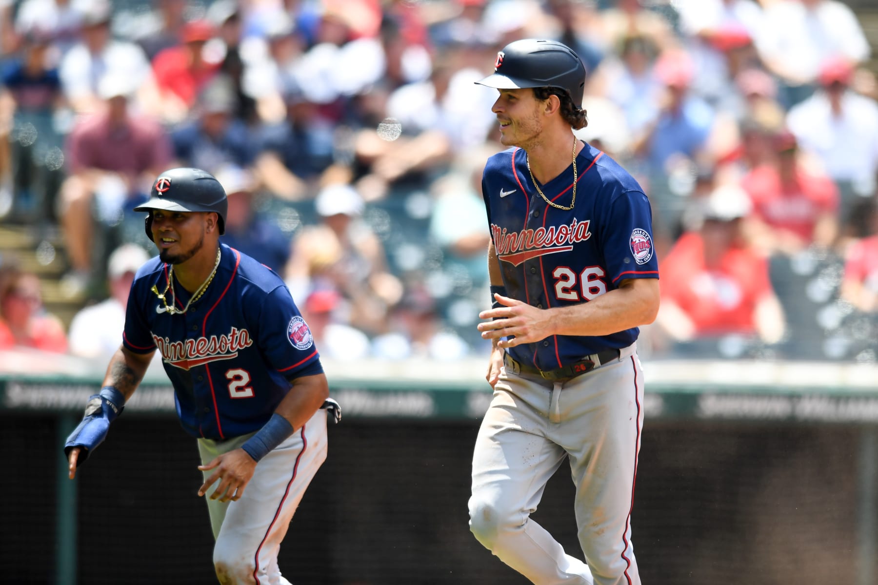 CLEVELAND, OH - JUNE 30: Luis Arráez #2 and Max Kepler #26 of the Minnesota Twins celebrate scoring on a three-run double by José Miranda during the third inning against the Cleveland Guardians at Progressive Field on June 30, 2022 in Cleveland, Ohio. (Photo by Nick Cammett/Diamond Images via Getty Images)